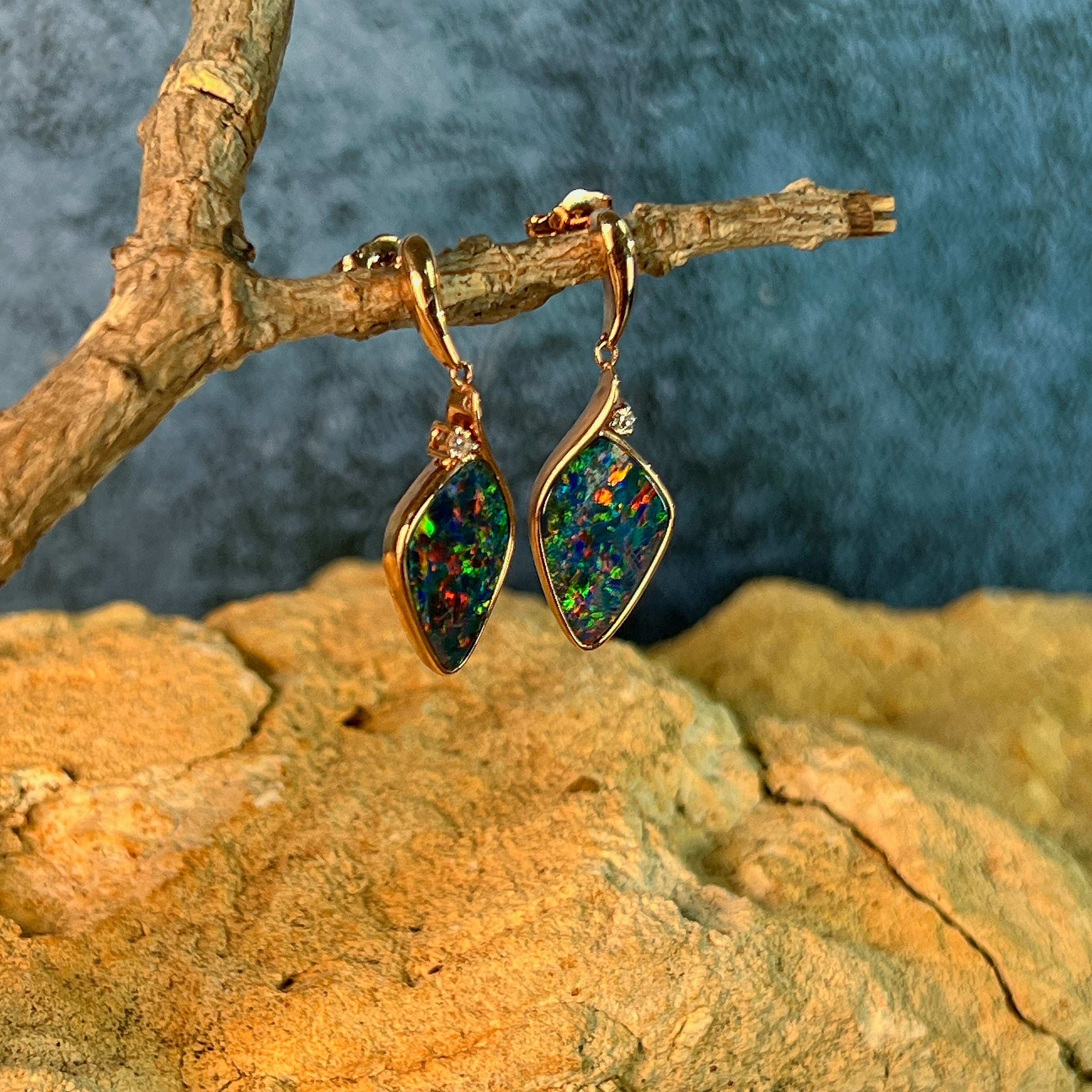Rose gold opal doublet drop earrings on hoop fittings, close view of the bezel