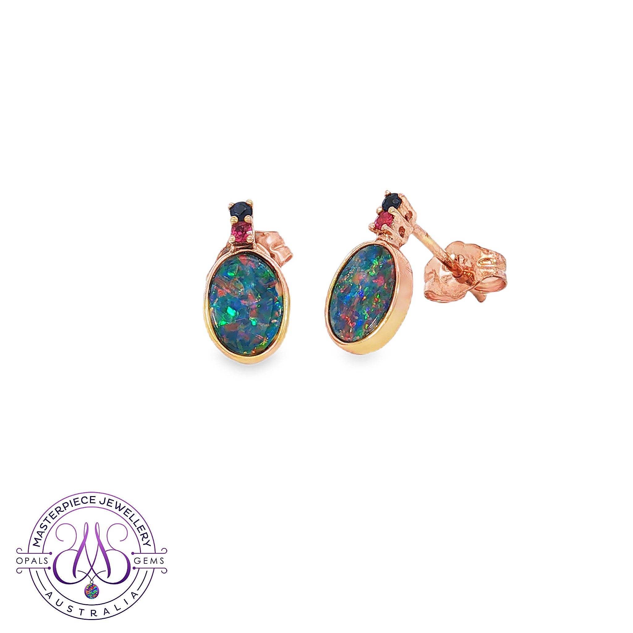14kt rose gold bezel-set oval opal doublet stud earrings with ruby and sapphire accents