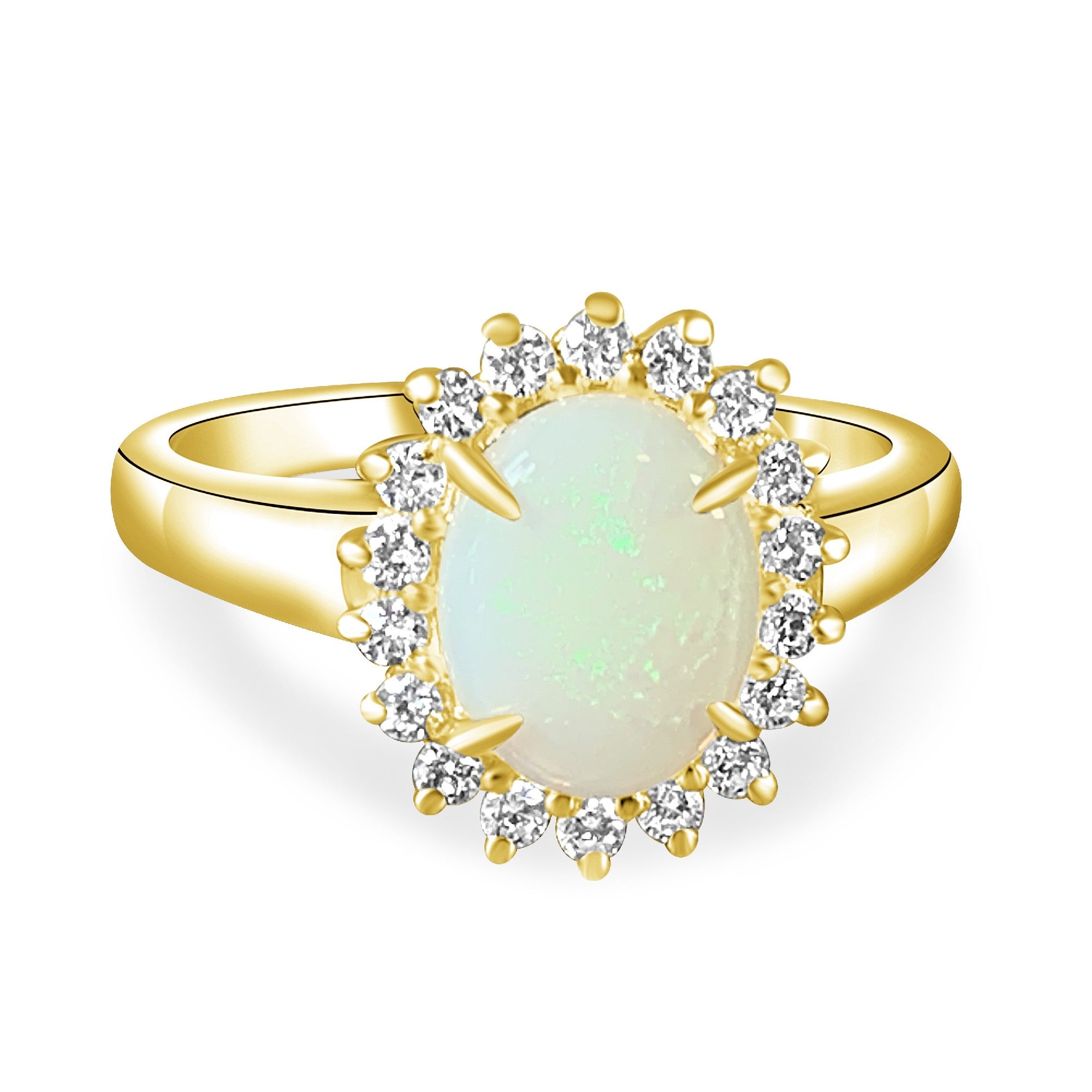 Gold Plated Silver 9x7mm White Opal and cubic zirconia Halo ring