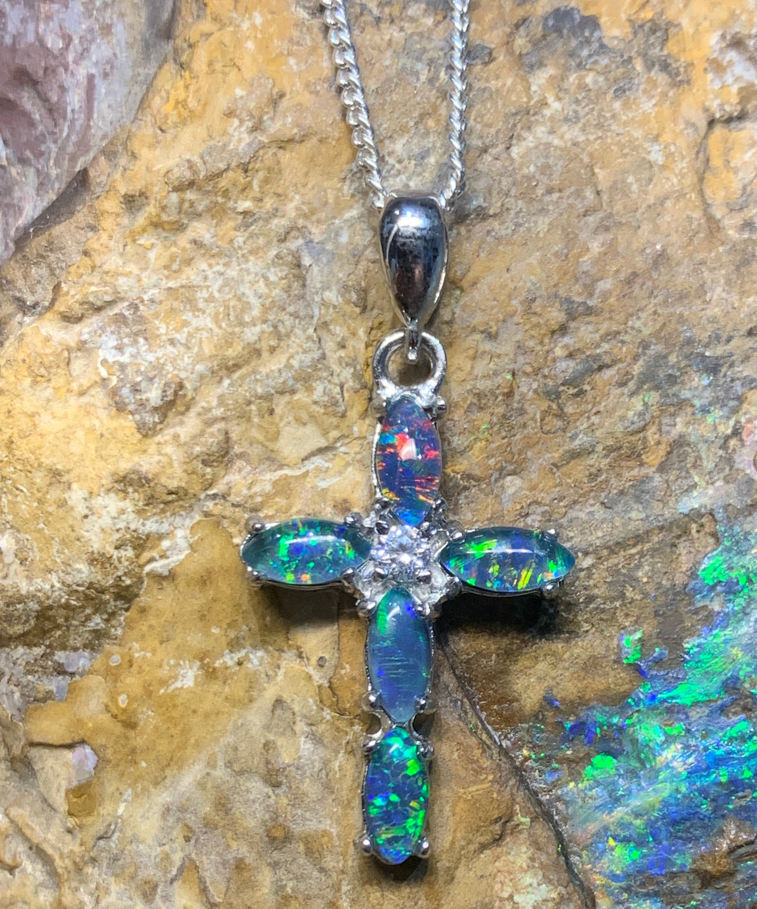 Sterling Silver Cross Opal pendant - Masterpiece Jewellery Opal & Gems Sydney Australia | Online Shop