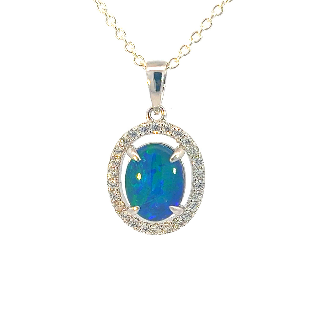 Sterling Silver Opal Triplet Halo Pendant - Dainty Opal Necklace, Gold & Silver, Fire Opal, Raw Style 9x7mm - Masterpiece Jewellery Opal & Gems Sydney Australia | Online Shop