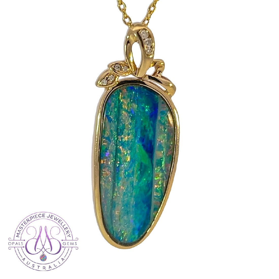 14kt Yellow Gold Multi colour Opal doublet with diamonds - Masterpiece Jewellery Opal & Gems Sydney Australia | Online Shop