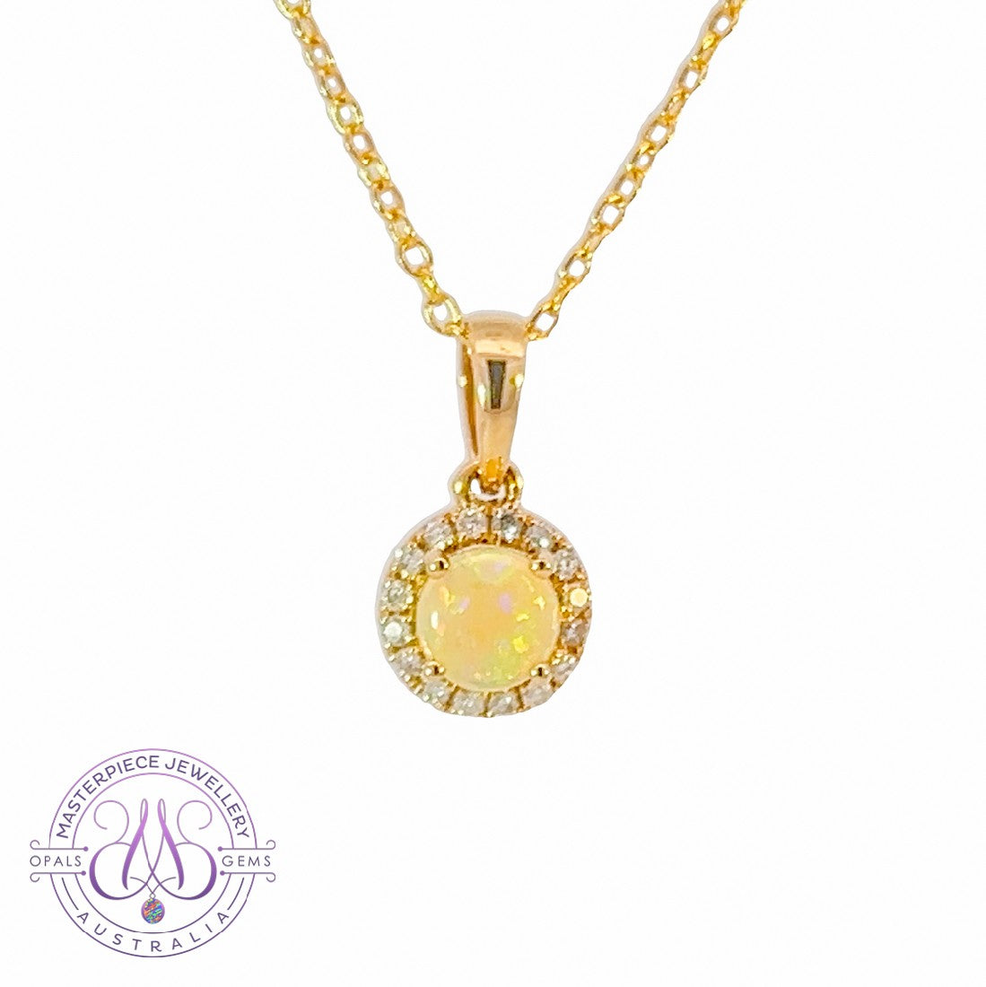 18kt Yellow Gold round Opal halo pendant - Masterpiece Jewellery Opal & Gems Sydney Australia | Online Shop
