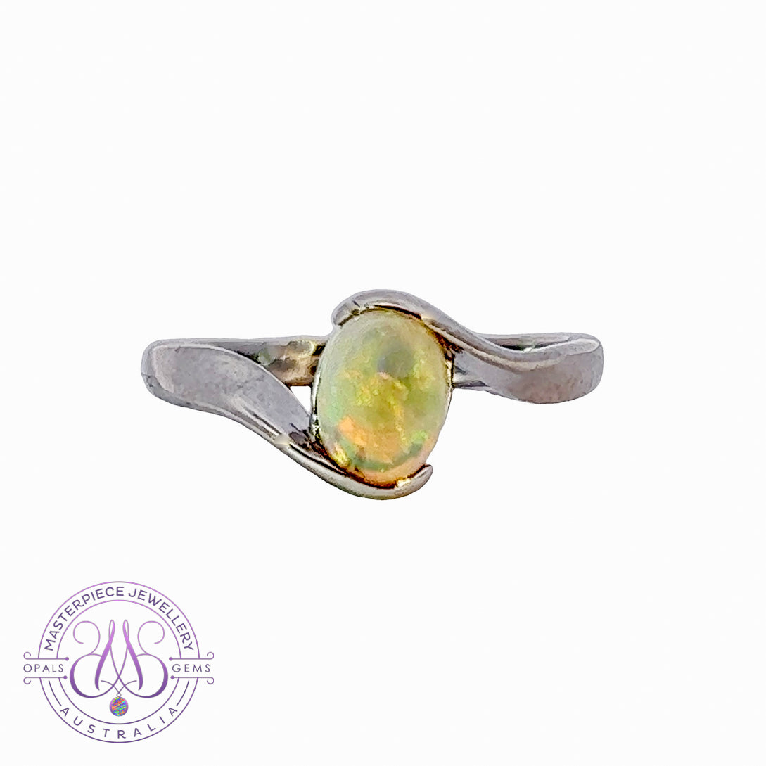 14kt White Gold solitaire cross over ring with 0.7ct Semi Black Opal - Masterpiece Jewellery Opal & Gems Sydney Australia | Online Shop