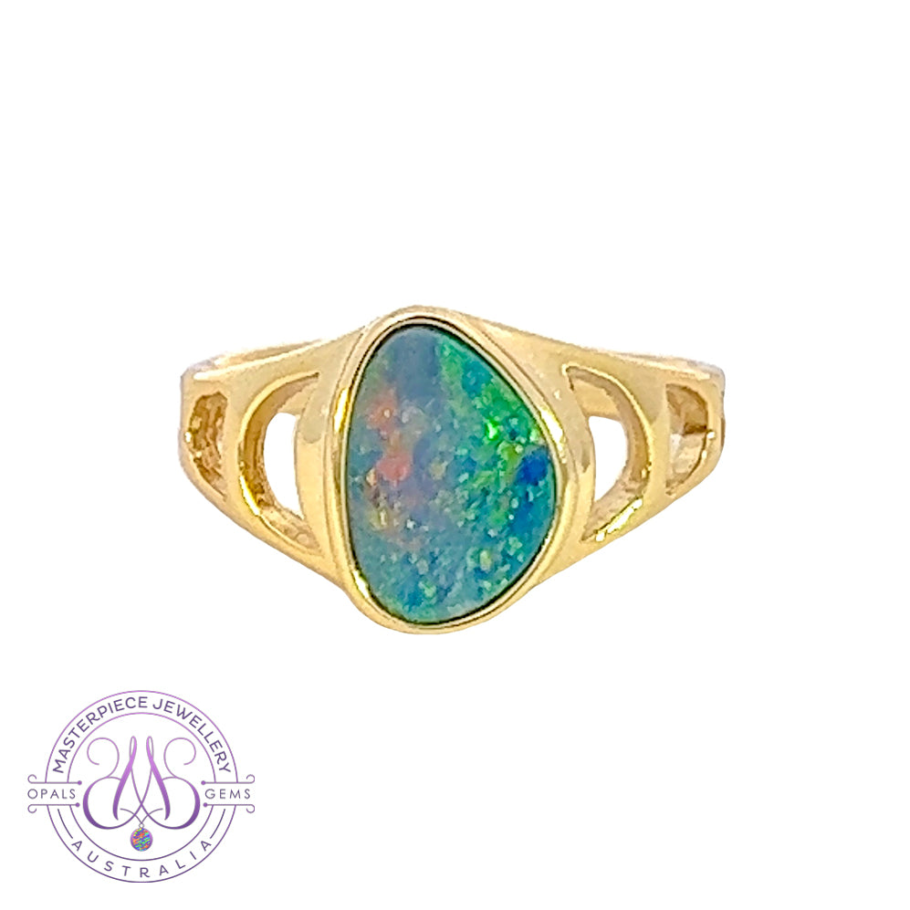 Gold Plated Silver Opal doublet freeform patterned ring - Masterpiece Jewellery Opal & Gems Sydney Australia | Online Shop