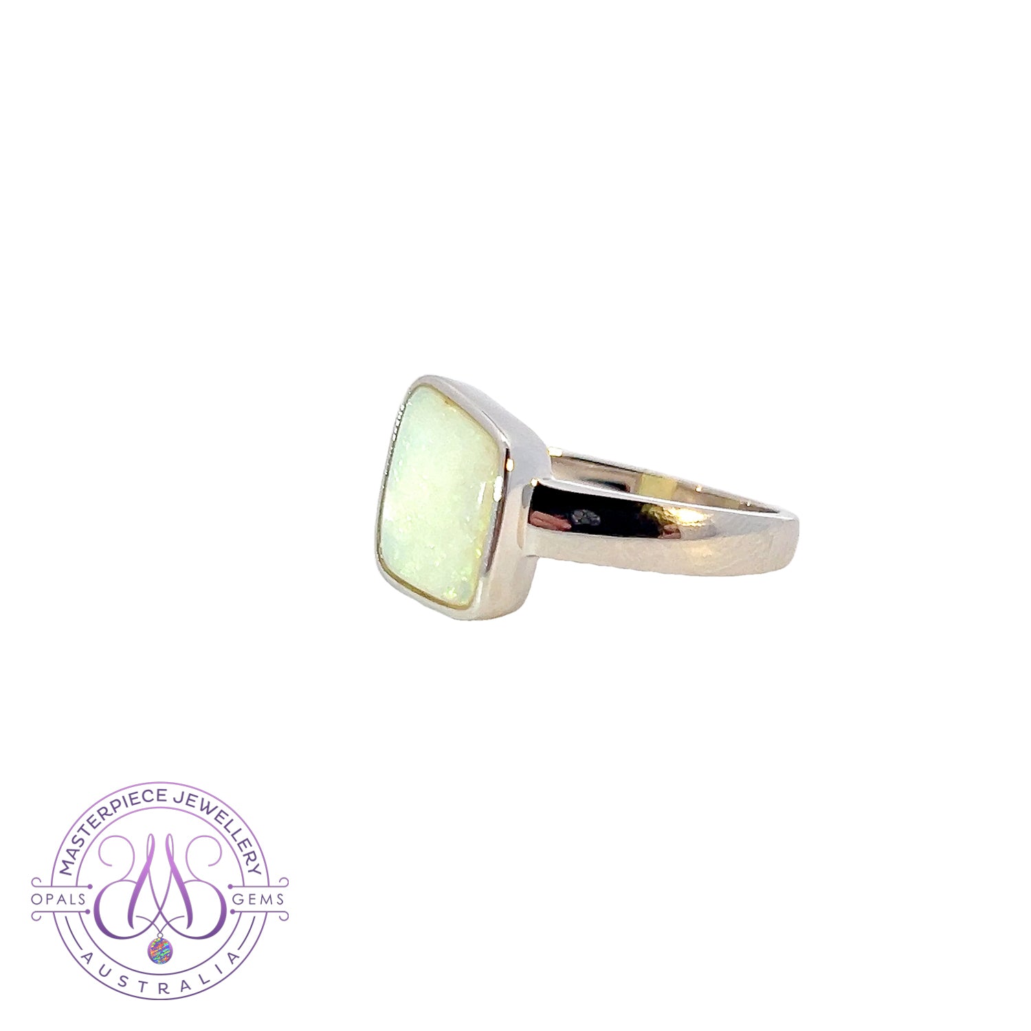 Sterling Silver square freeform White Opal 1.9ct ring - Masterpiece Jewellery Opal & Gems Sydney Australia | Online Shop