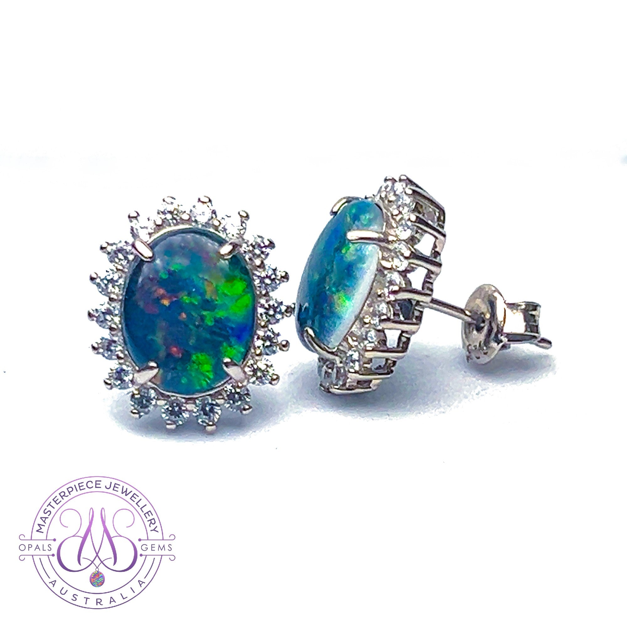 Sterling Silver 10x8mm Opal triplet cluster earrings studs