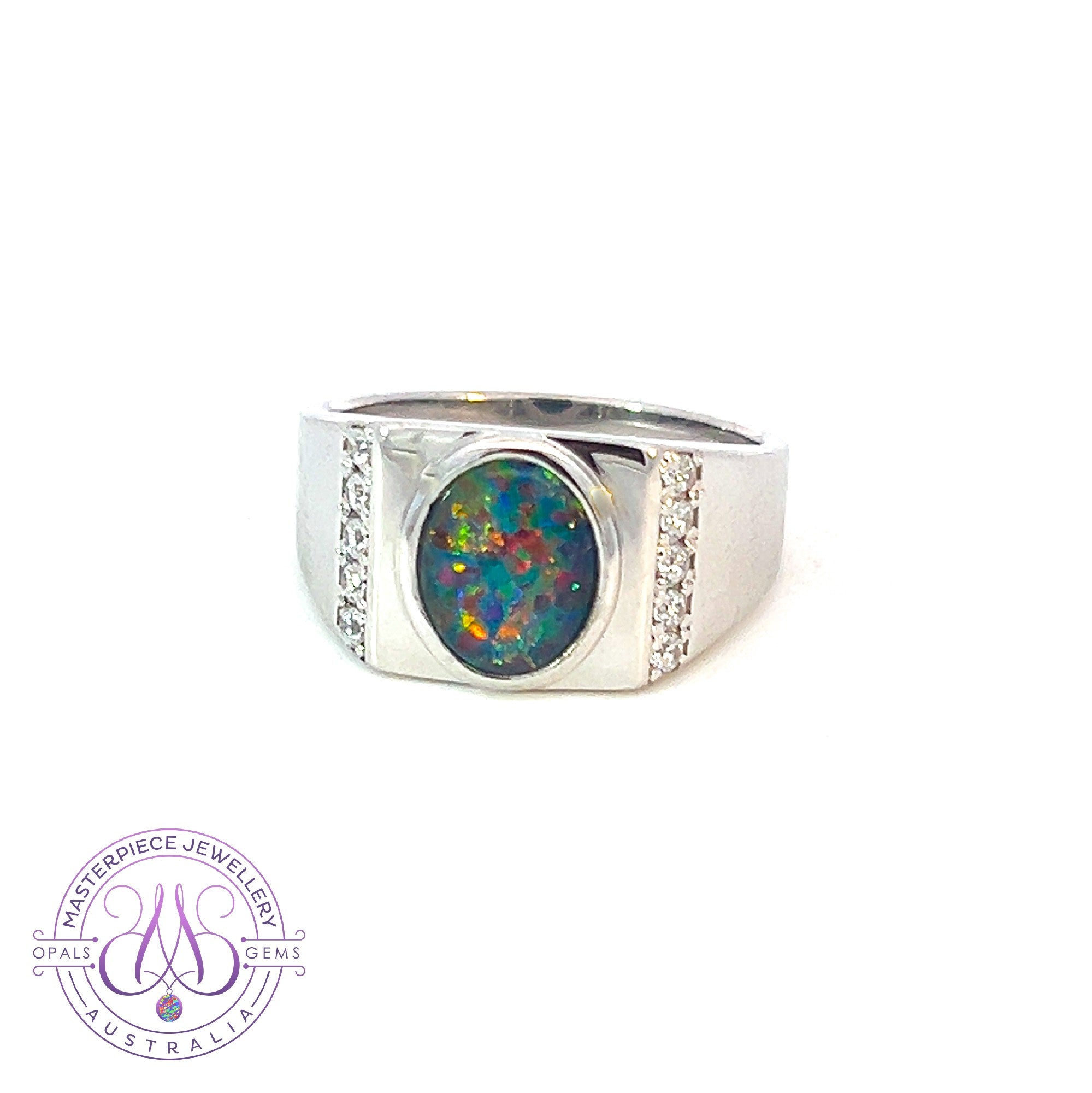 Sterling Silver 10x8mm Opal triplet bezel with cubic zirconia side set ring