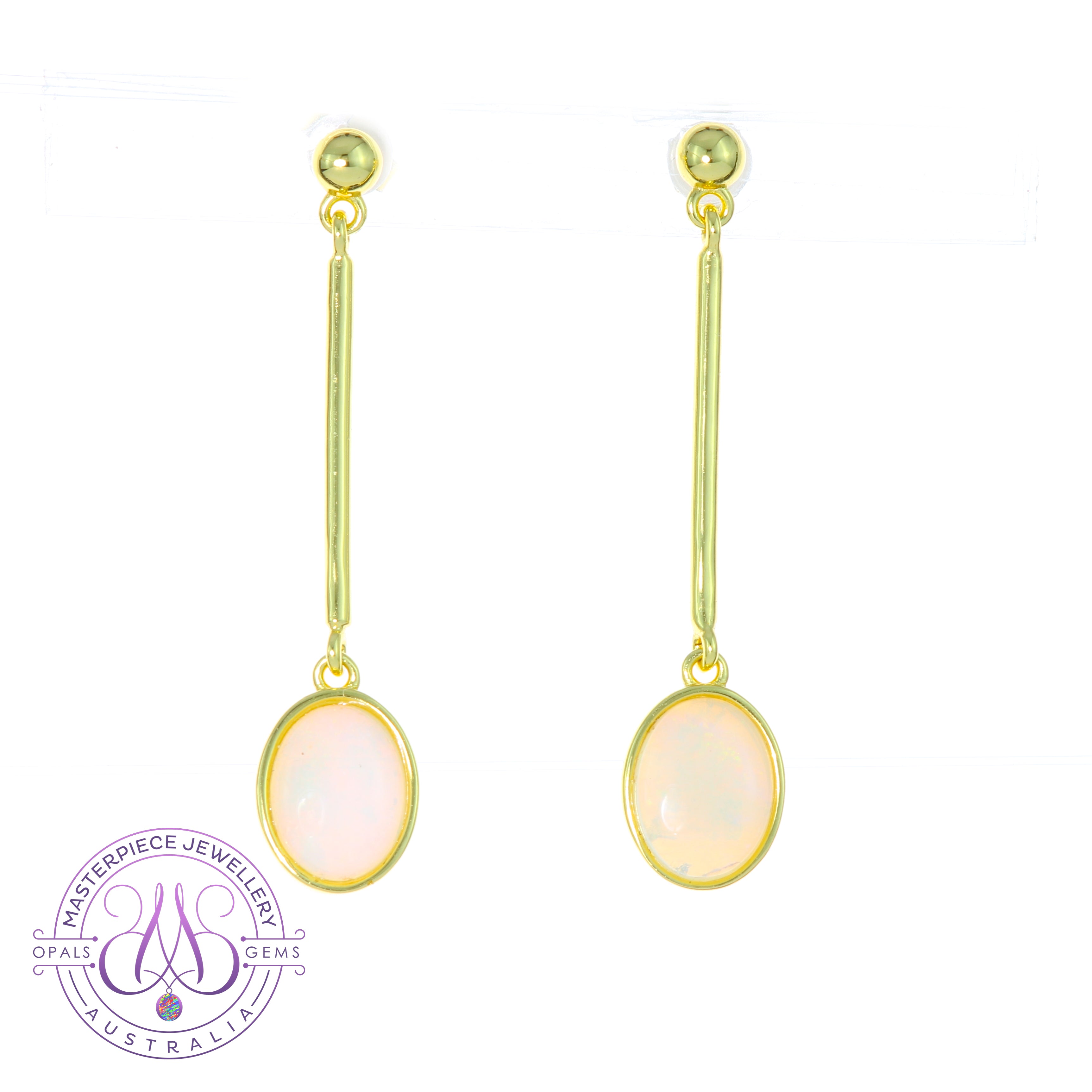 Gold Plated long bar dangling earrings with White Opals 9x7mm - Masterpiece Jewellery Opal & Gems Sydney Australia | Online Shop