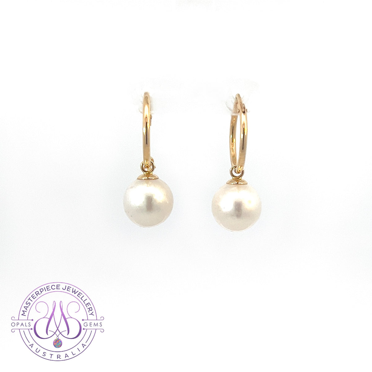 18kt Yellow Gold huggie earrings 9-9.5mm South Sea Pearls