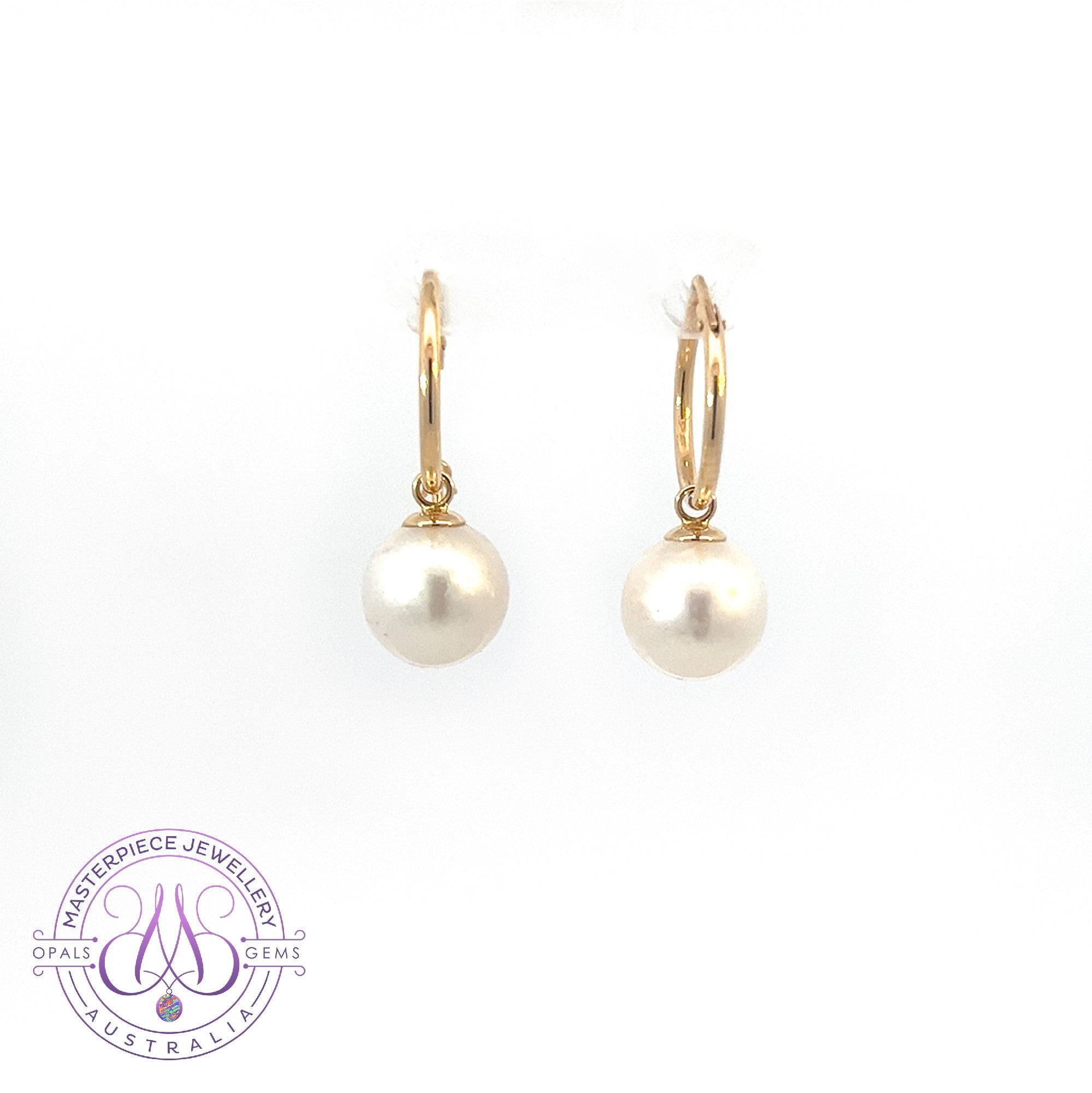 18kt Yellow Gold huggie earrings 9-9.5mm South Sea Pearls