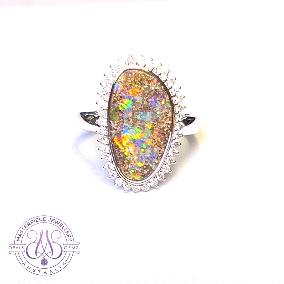 14kt White Gold 5.36ct Boulder Opal cluster design diamond ring
