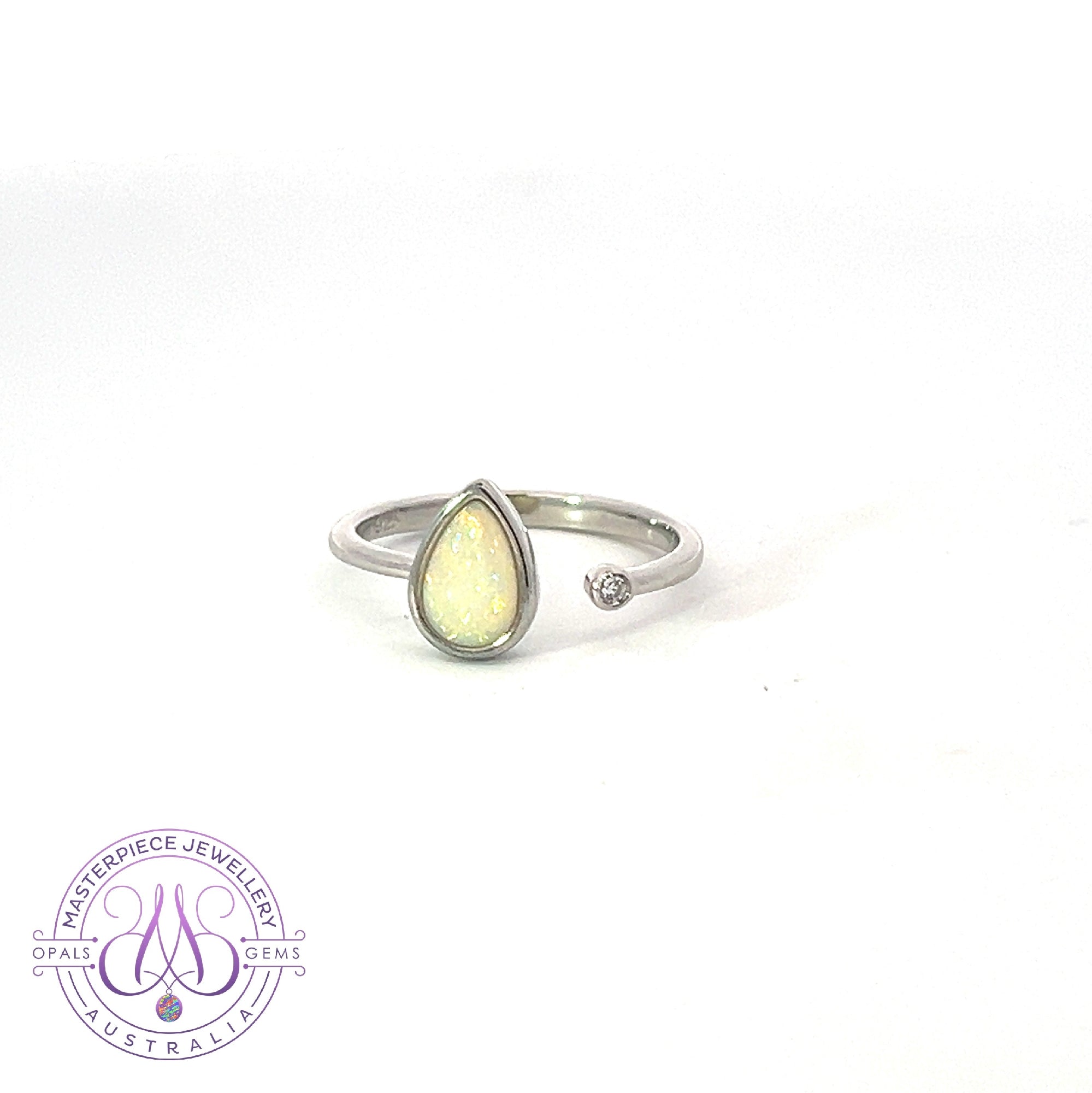 Sterling Silver Pear shape White Opal 8x6mm solitaire ring
