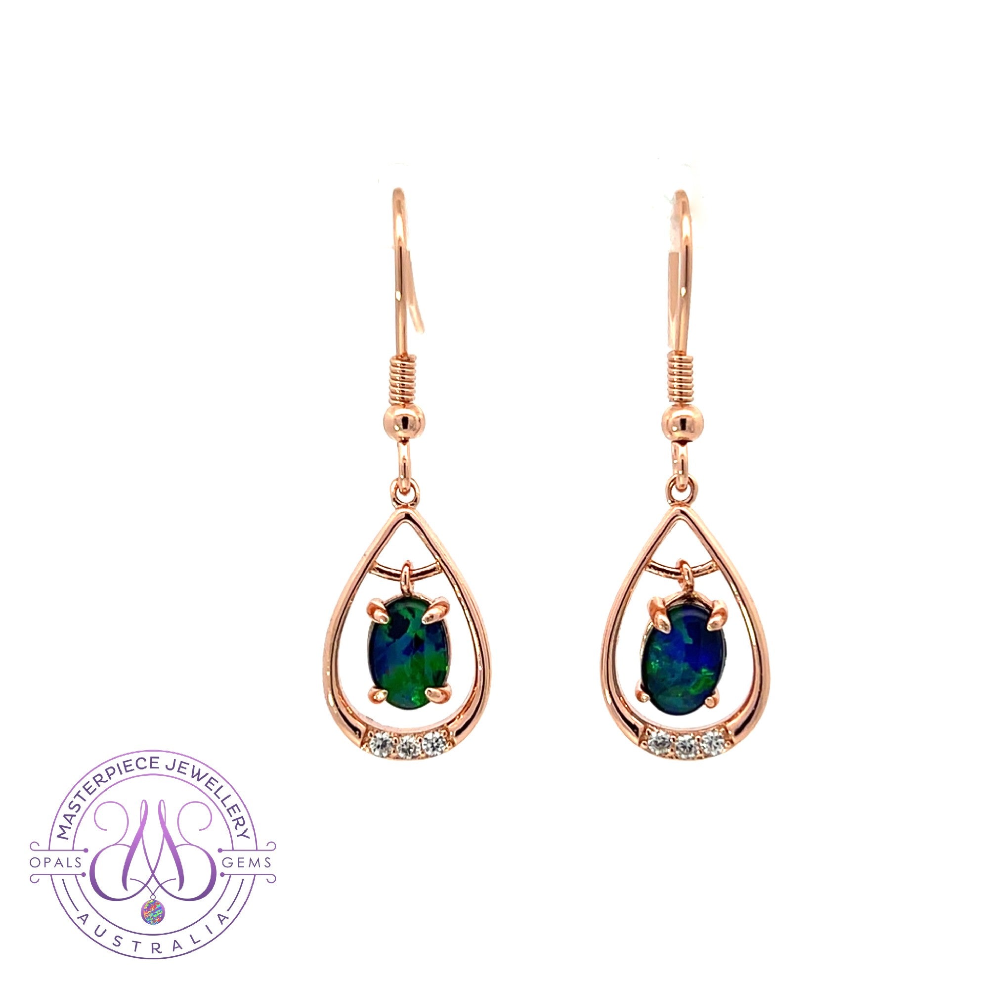 One pair of Rose Gold plated Silver dangling pearshape Opal tripelt earrings