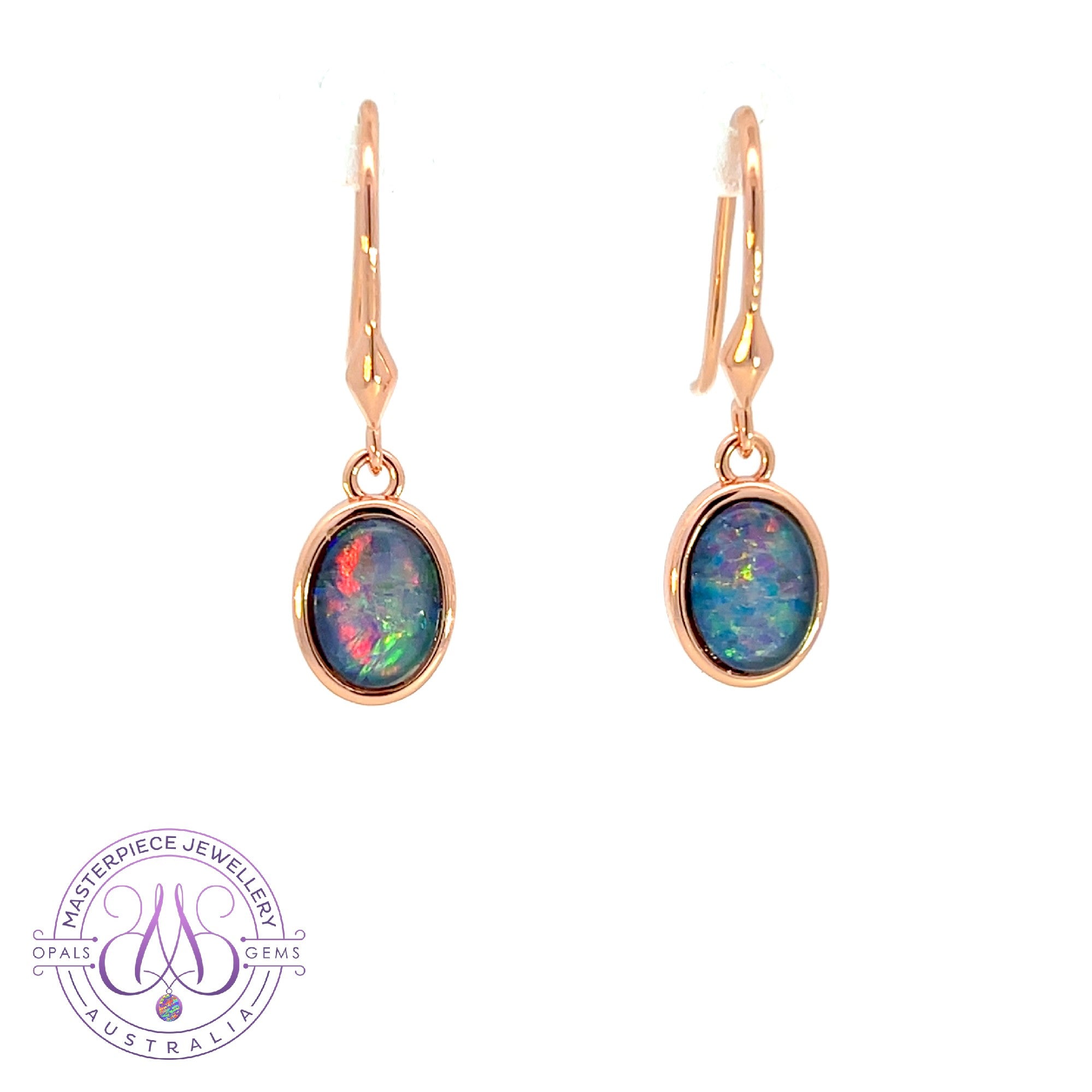 Rose Gold plated silver dangling Opal triplet 8x6mm hook earrings