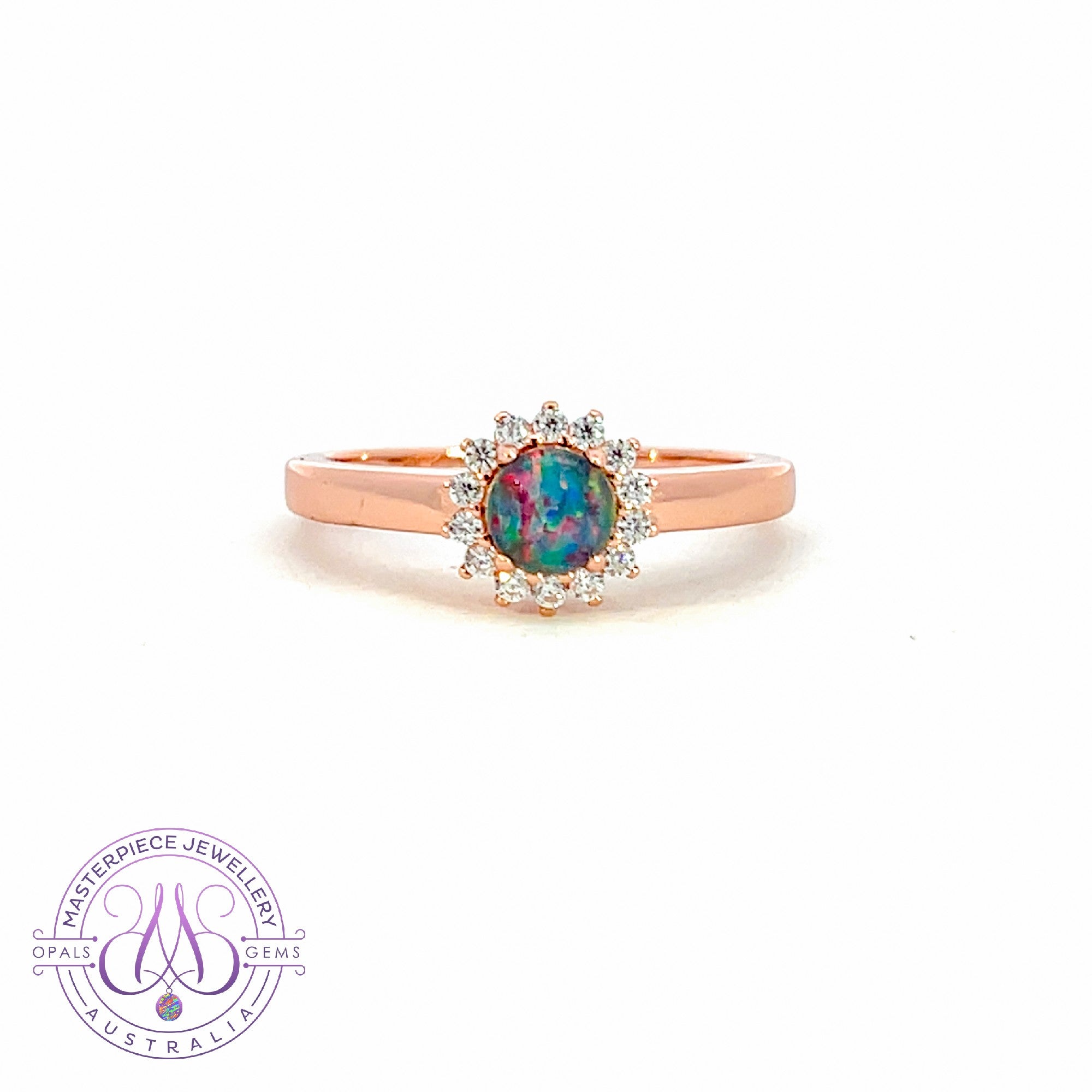Rose Gold Silver plated cluster round 5mm Opal triplet ring