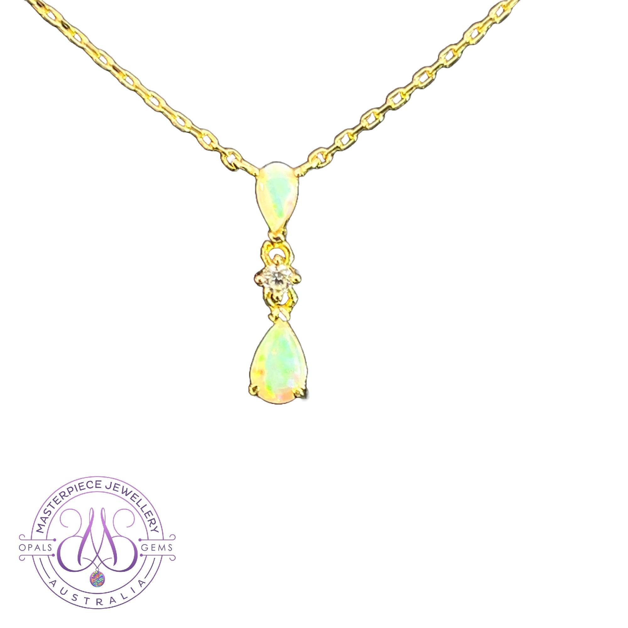 Gold plated Silver dainty pearshape crystal opal necklace