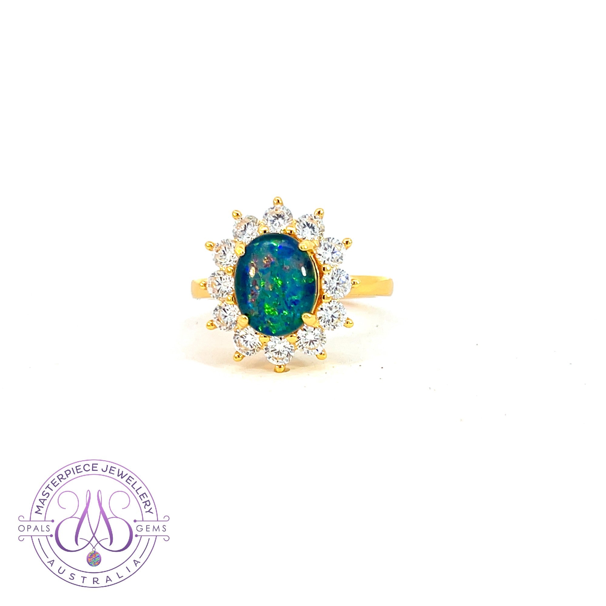 Gold Plated Silver cluster ring with one 10x8mm Opal triplet