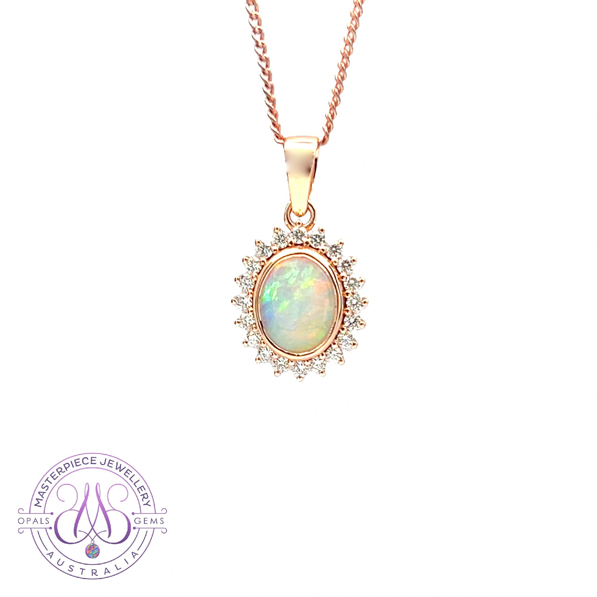 18kt Rose Gold cluster Opal crystal and diamond pendant