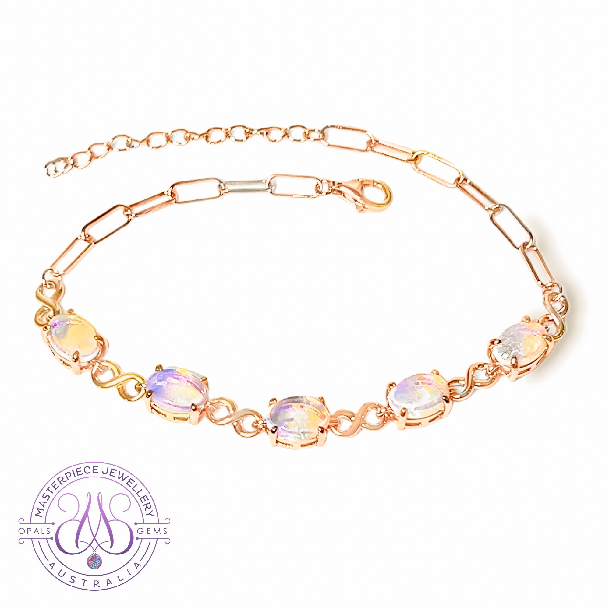 Rose Gold Plated silver 8x6mm Light Opal infinity design bracelet
