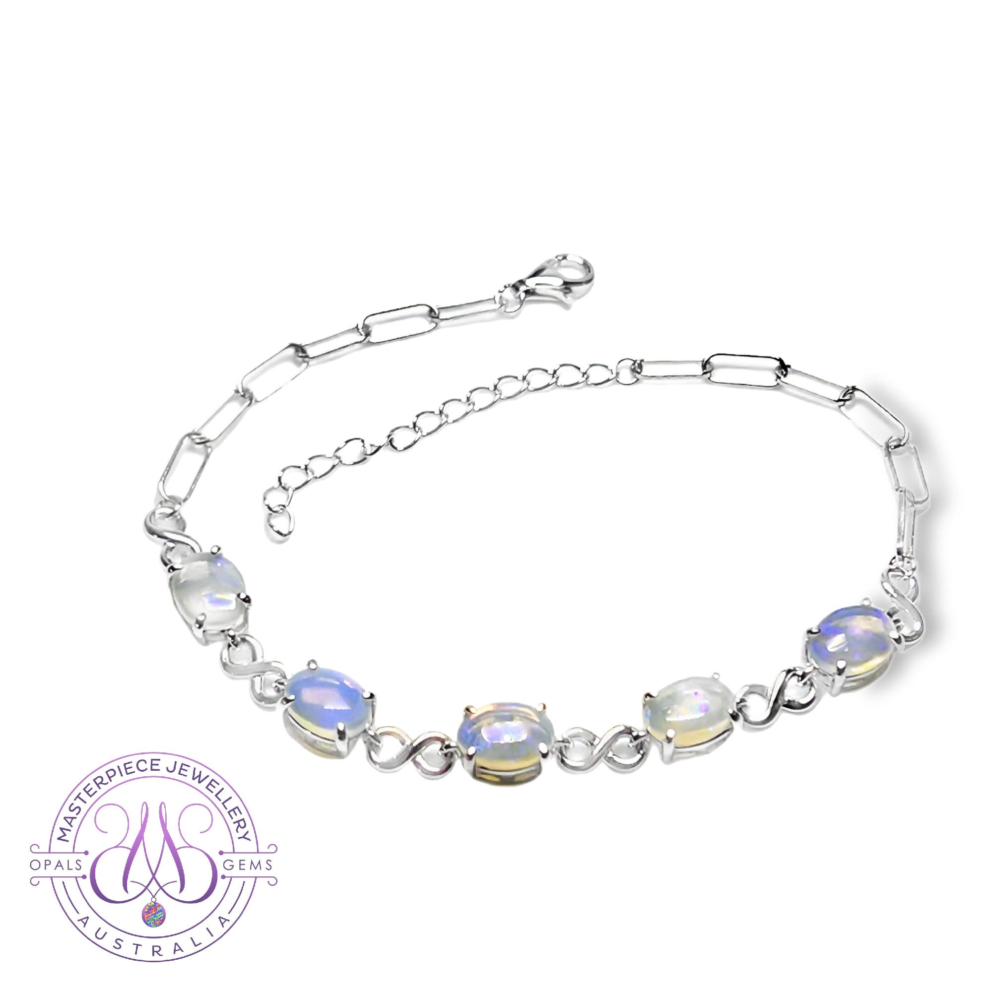 Sterling Silver infinity design bracelet with 8x6mm light opals