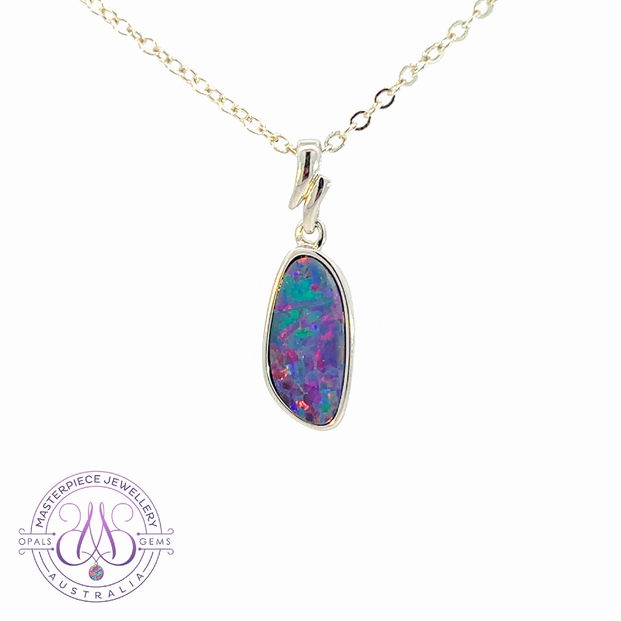 Sterling Silver long freeform Red Blue Fiery Opal doublet pendant