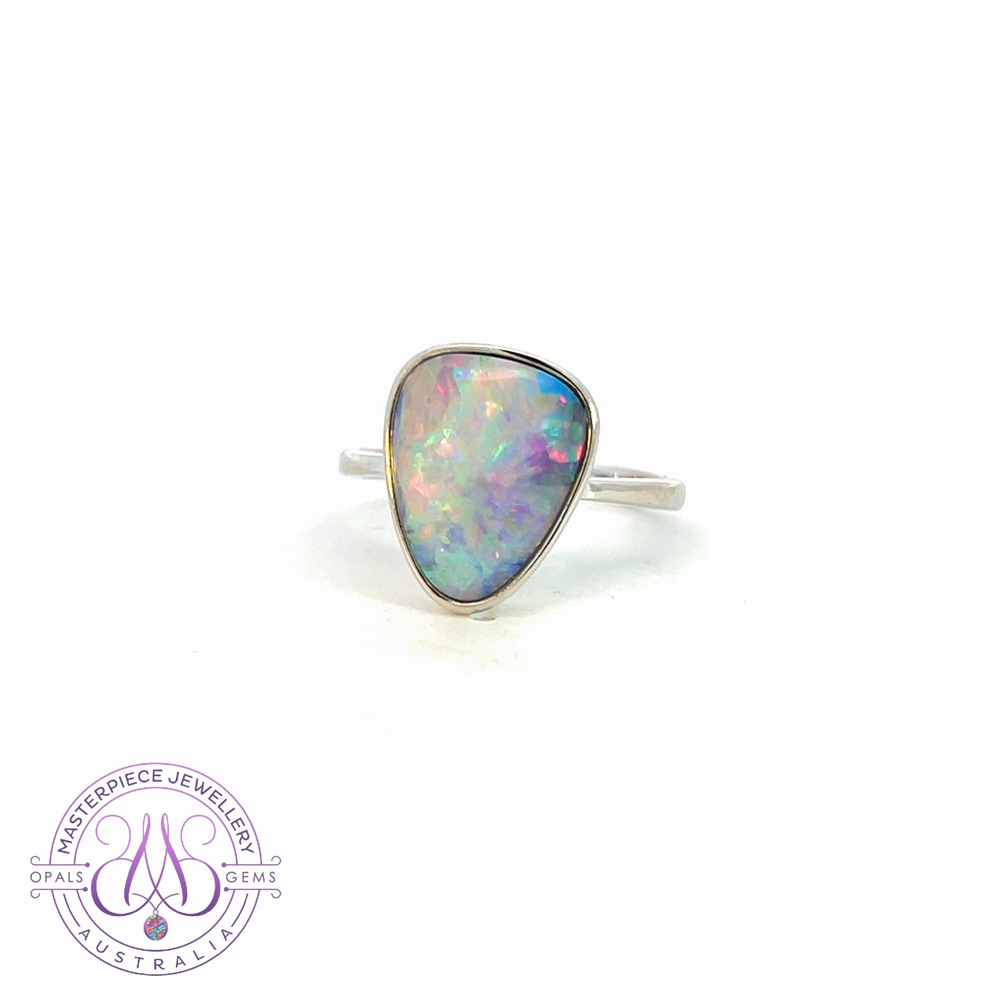 Sterling Silver bezel set Opal Doublet curved solitaire triangle shape ring
