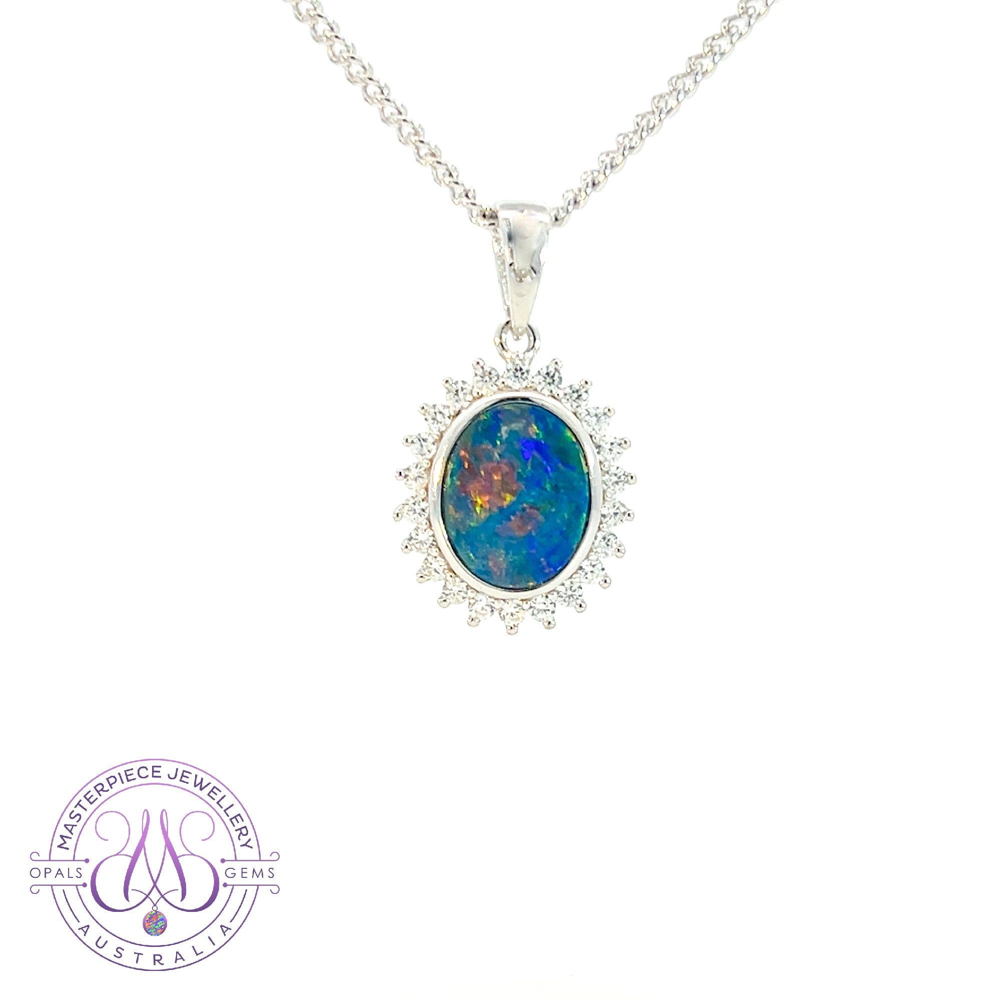 Sterling Silver cluster Opal doublet 9x7mm Blue Red pendant