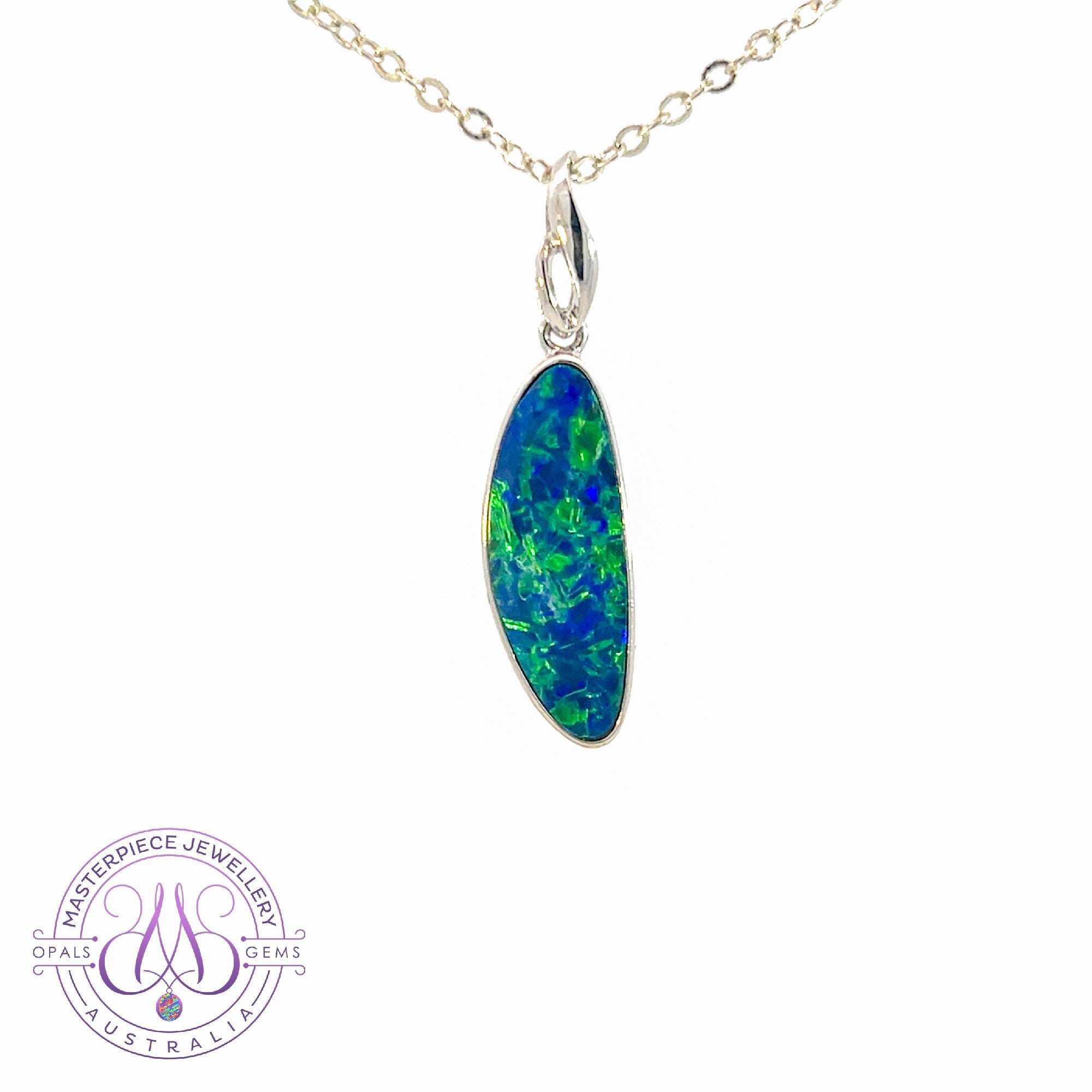 Sterling Silver Long thin freeform Blue Green Opal doublet pendant