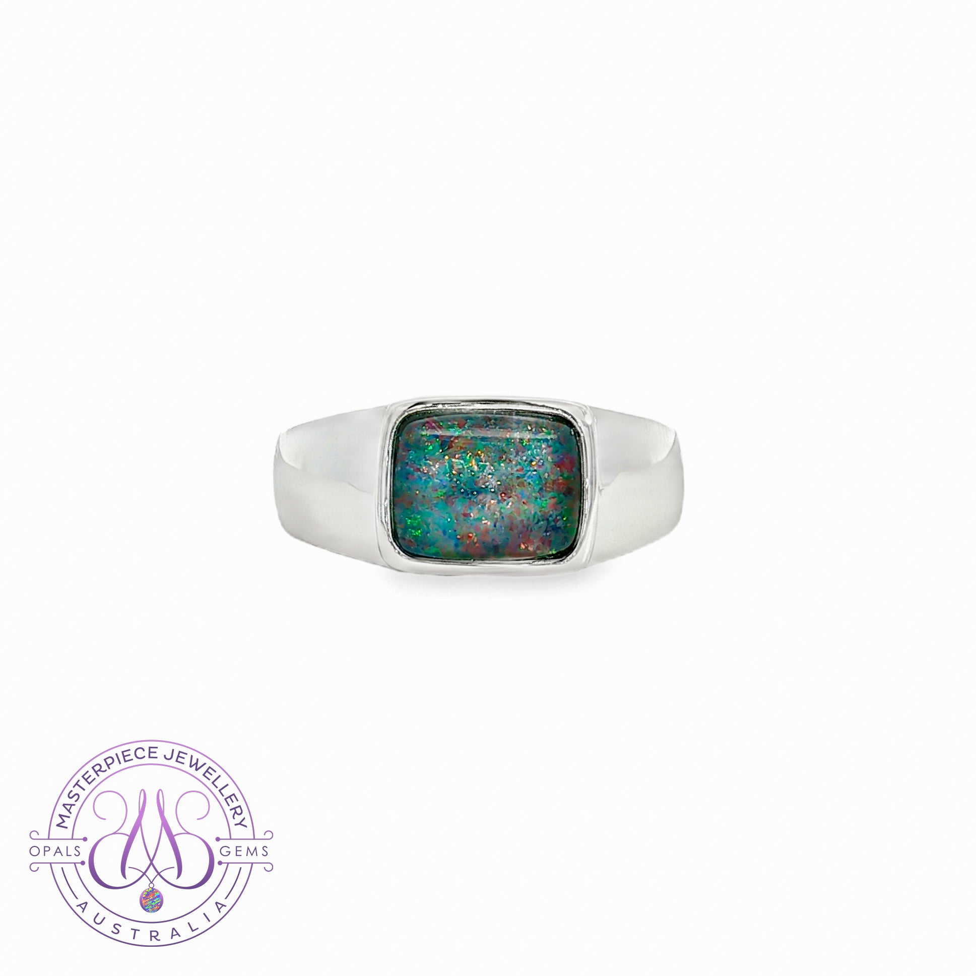 Sterling Silver rectangular Opal Triplet bezel set ring