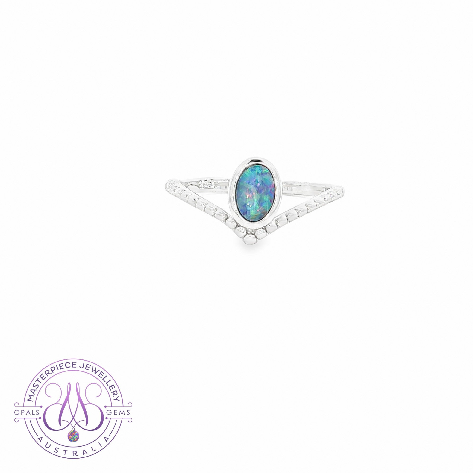 Sterling Silver V-shape band with 6x4mm Opal doublet millgrain finish ring