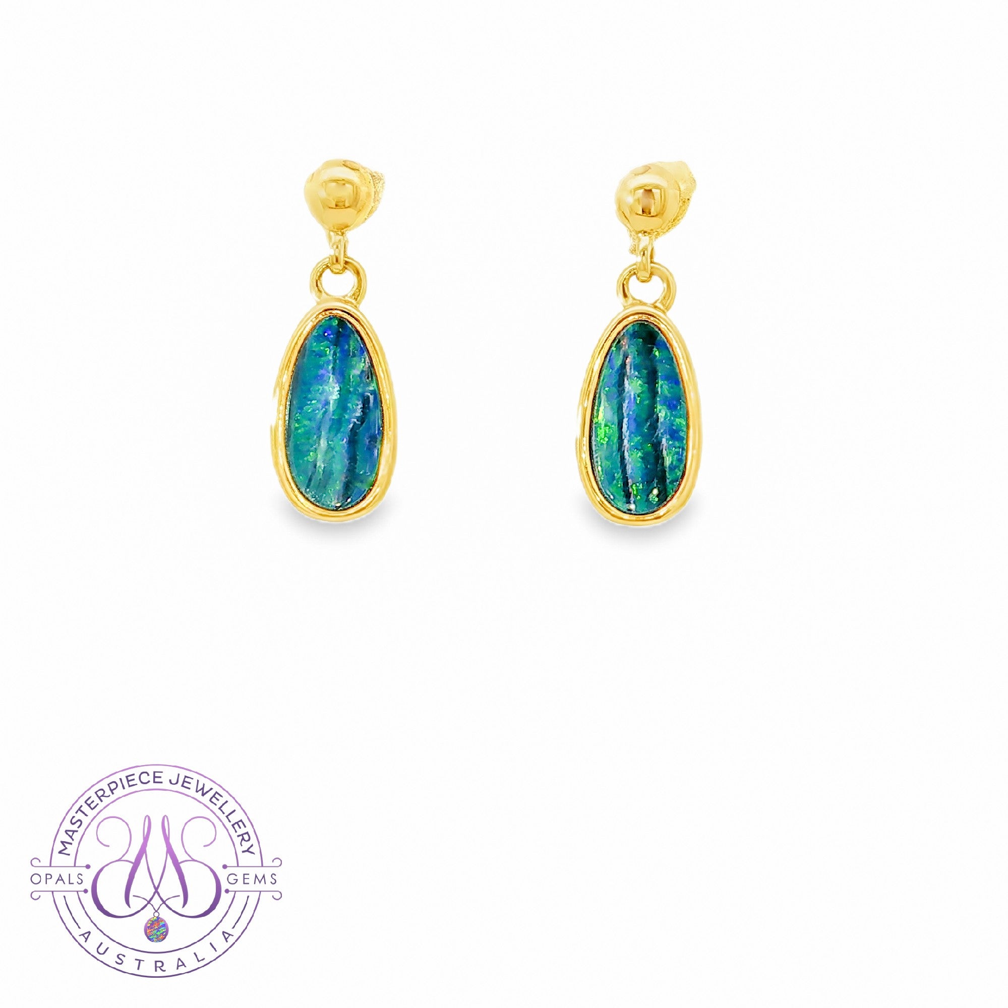 Gold Plated Silver short dangling Green Blue Opal doublet earrings