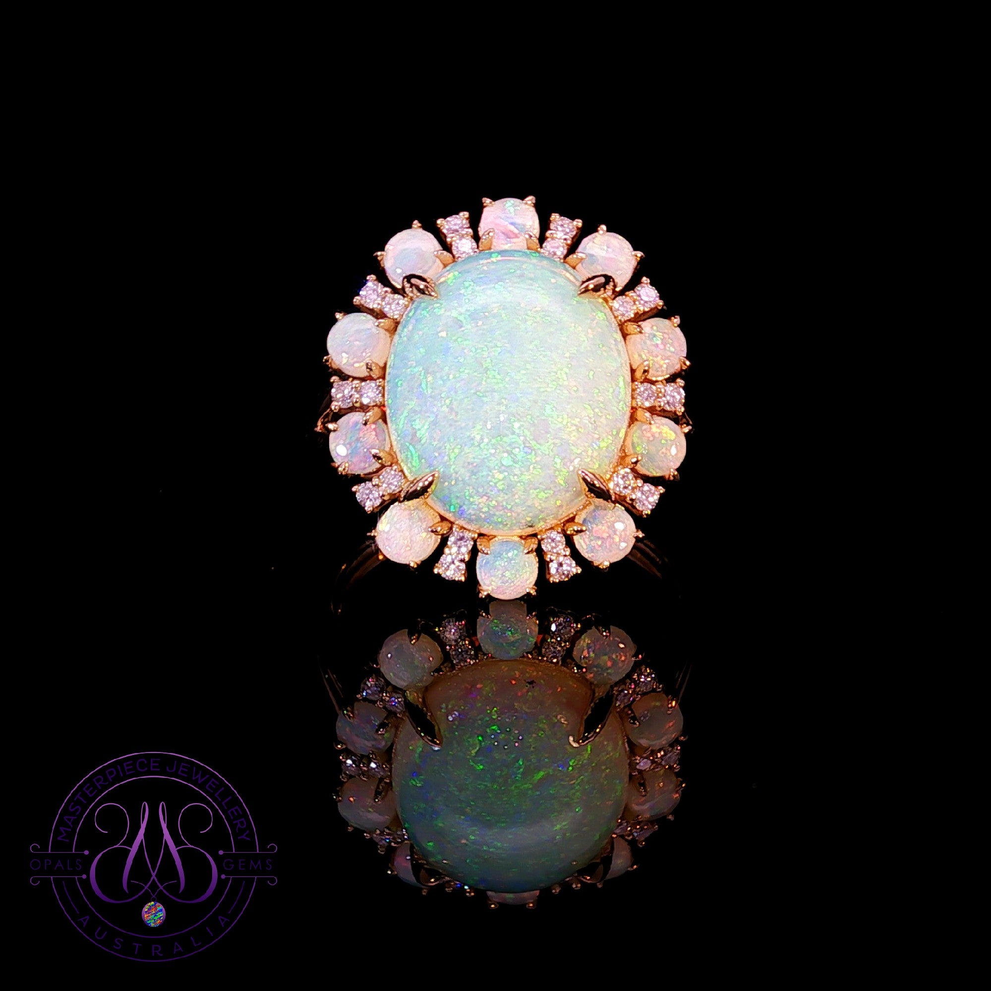18kt Yellow Gold cluster ring with Light Opals and diamonds