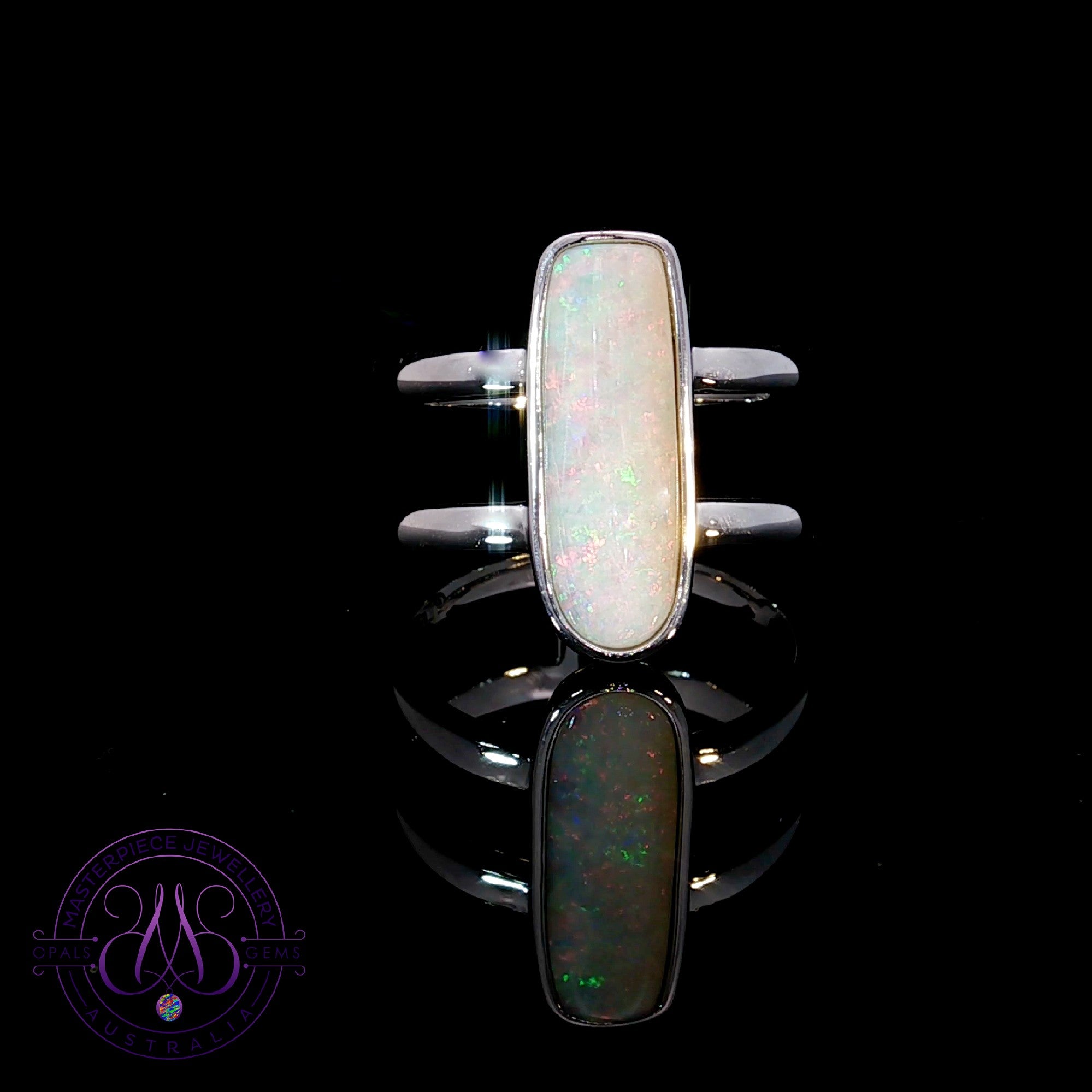 Sterling Silver double band Long Rectangular White Opal ring
