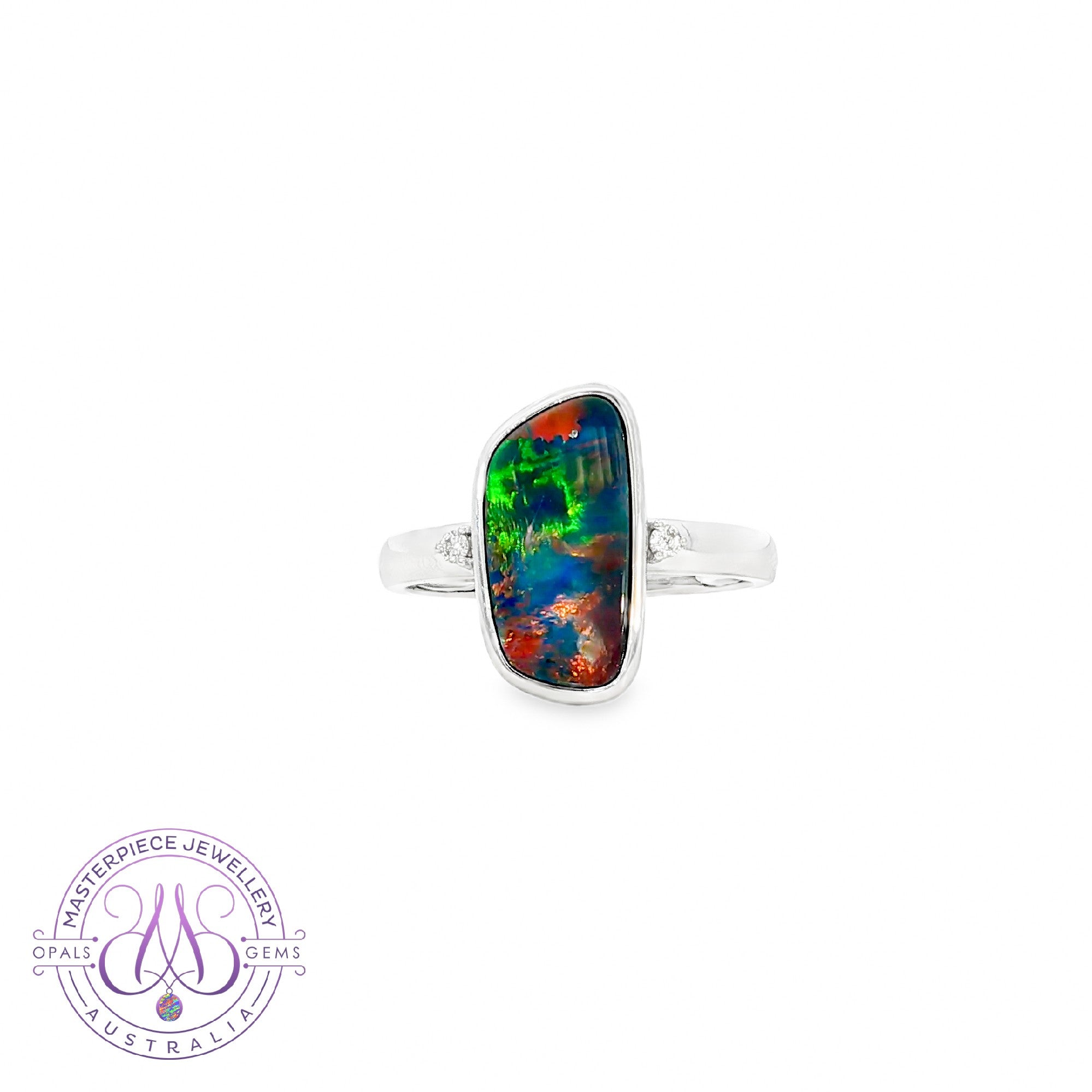 14kt White Gold Red Blue Opal doublet and diamond ring