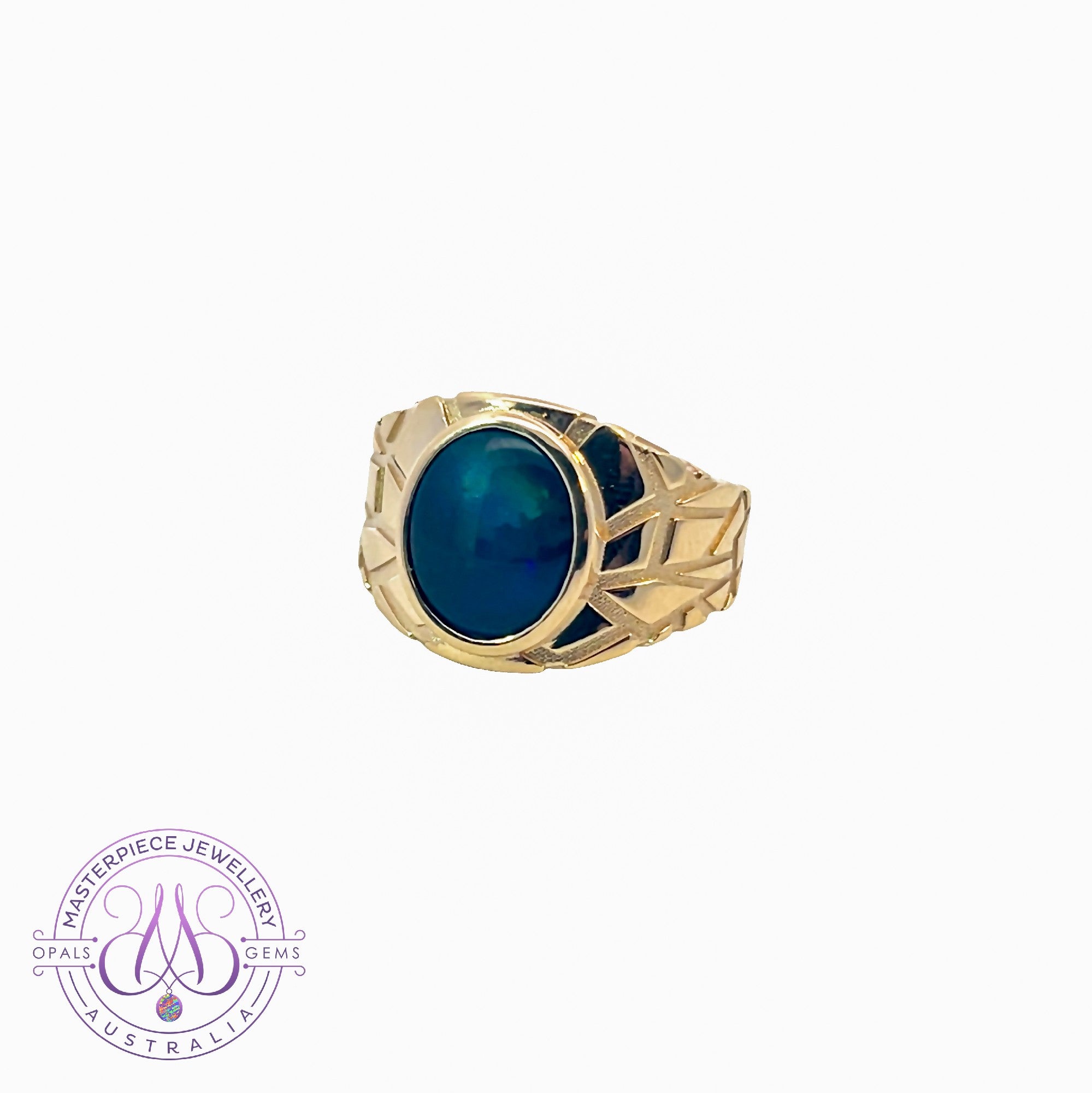 9kt Yellow Gold gents signet style ring with a 12x10mm Opal triplet bezel set