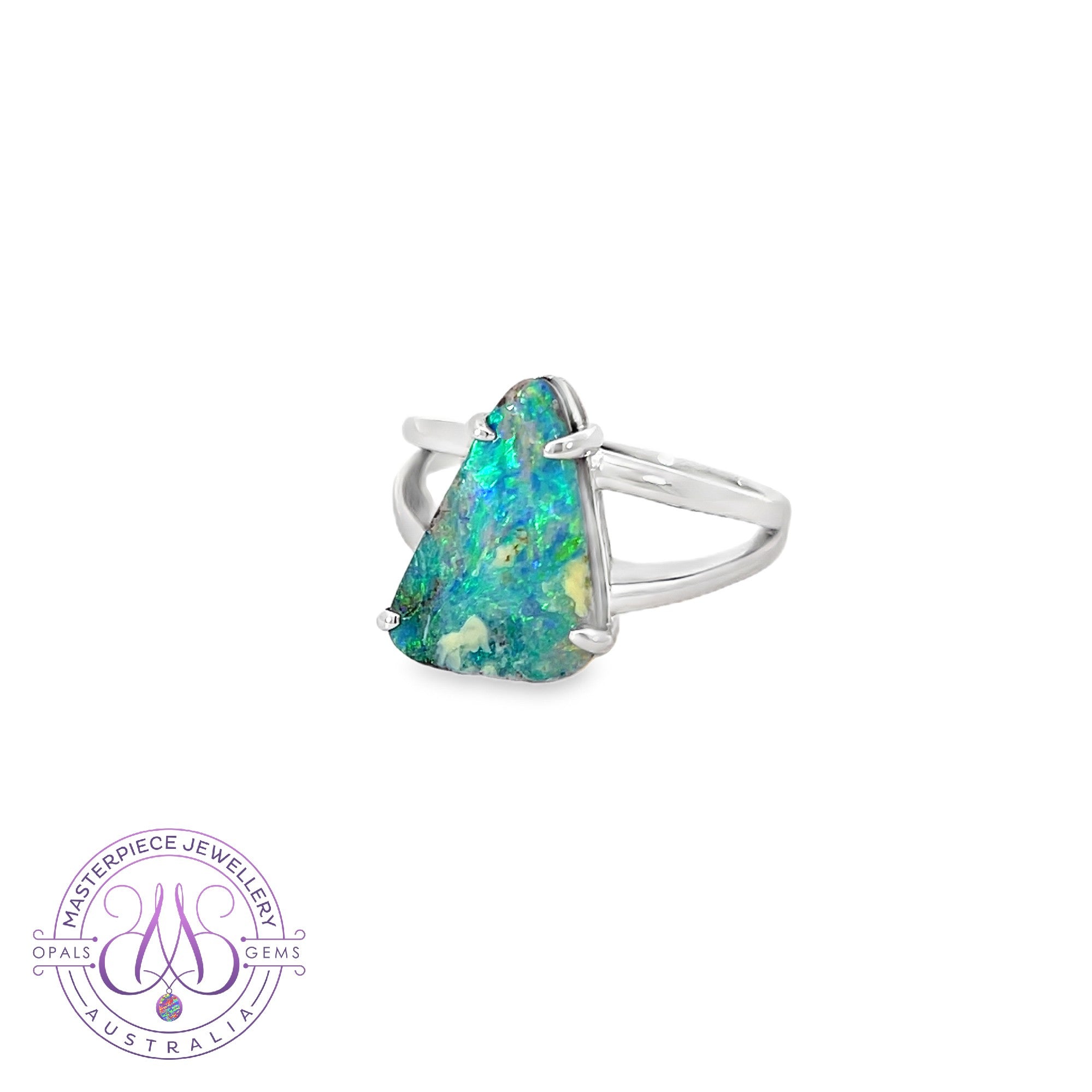 Sterling Silver Triangle Boulder Opal 4.57ct claw set ring