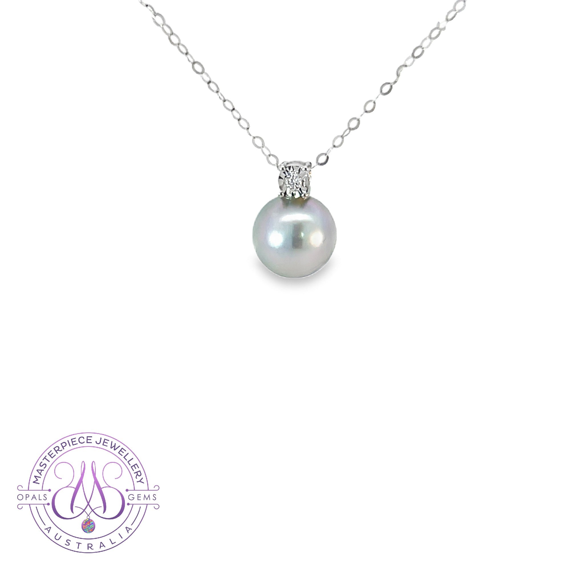 18kt White Gold Akoya 8mm Pearl and diamond necklace