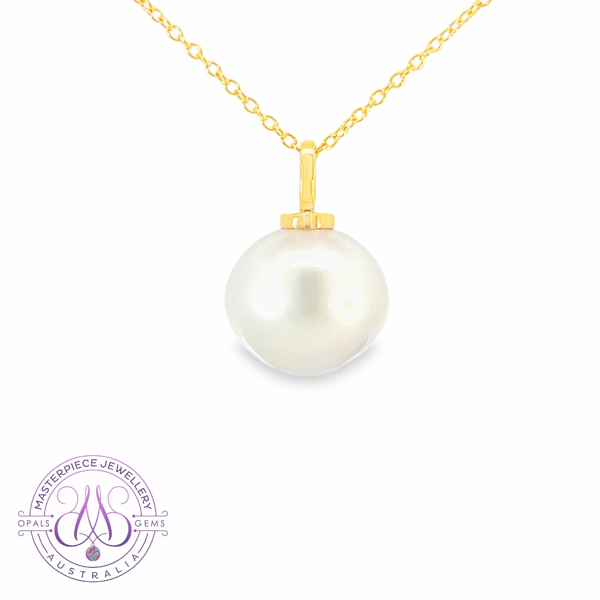 18kt Yellow Gold solitaire South Sea White Pearl 14mm pendant