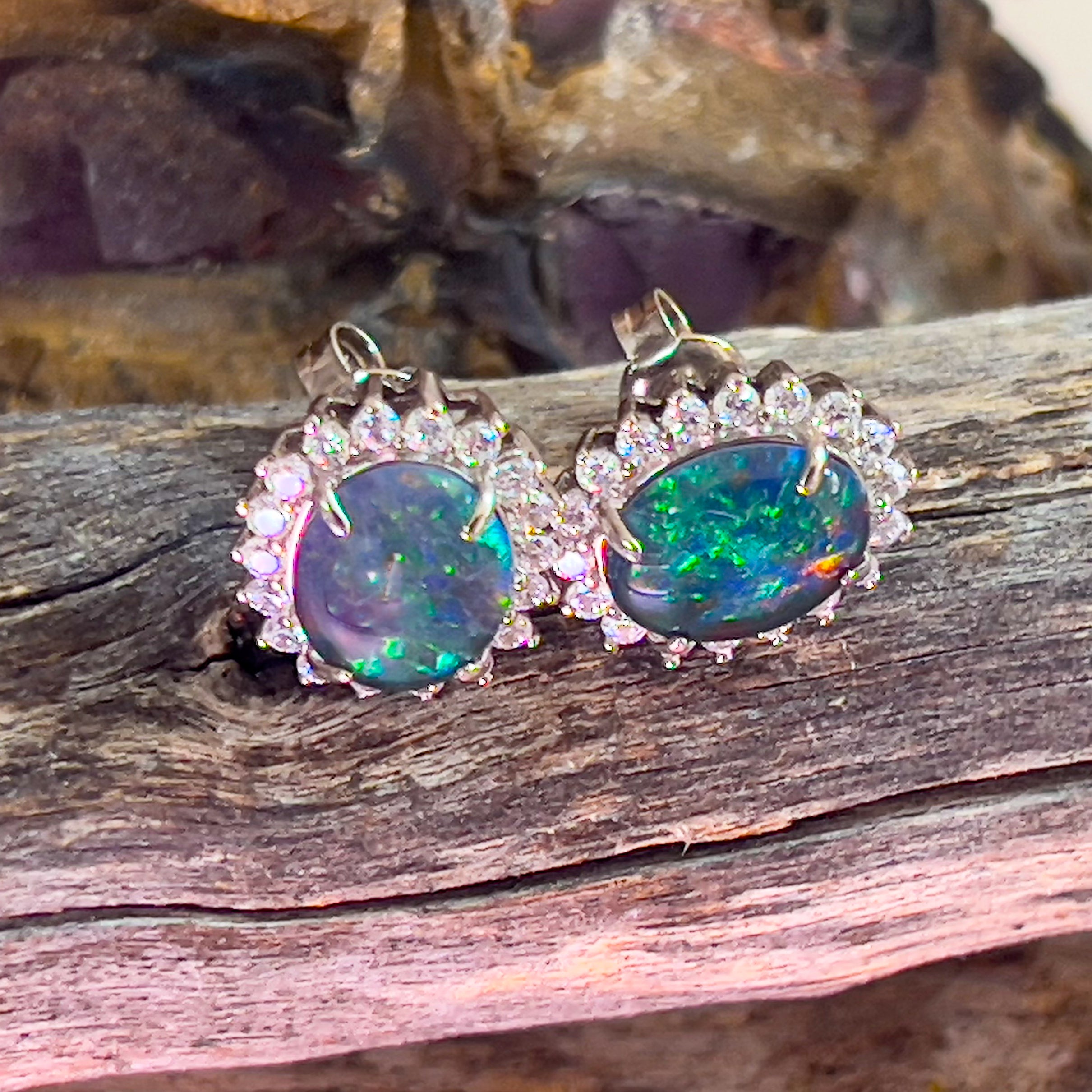 Sterling Silver 10x8mm Opal triplet cluster earrings studs - Masterpiece Jewellery Opal & Gems Sydney Australia | Online Shop