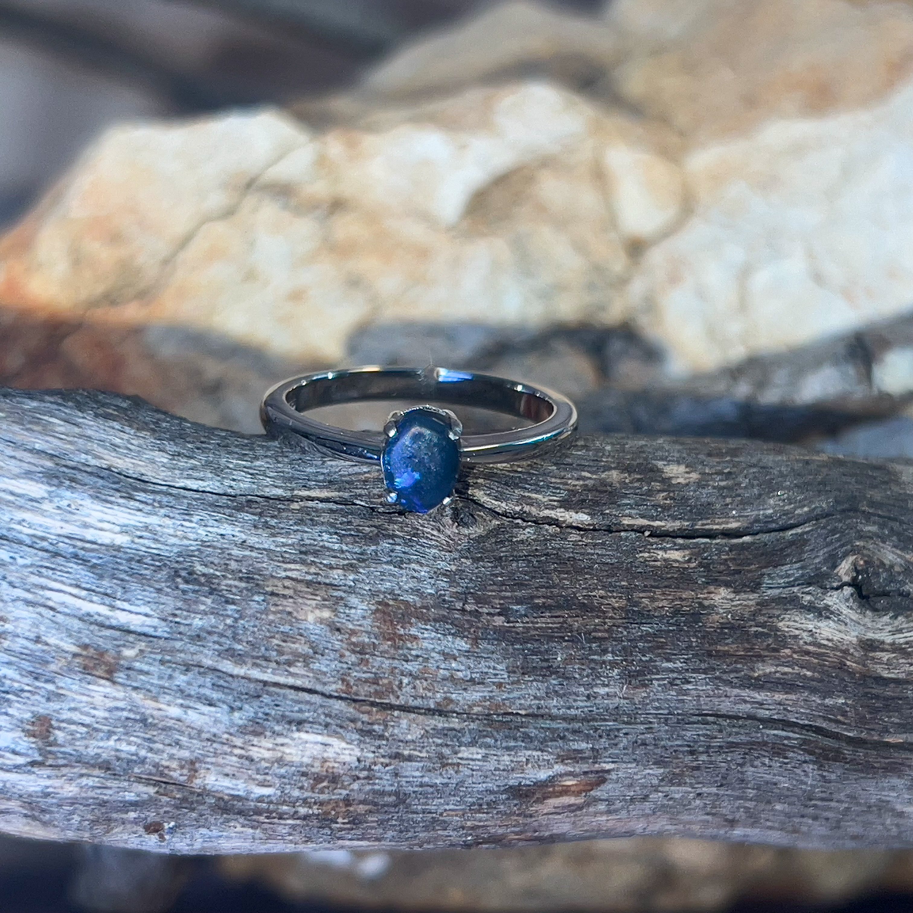 Sterling Silver Black Opal 0.4ct Deep Blue solitaire ring - Masterpiece Jewellery Opal & Gems Sydney Australia | Online Shop