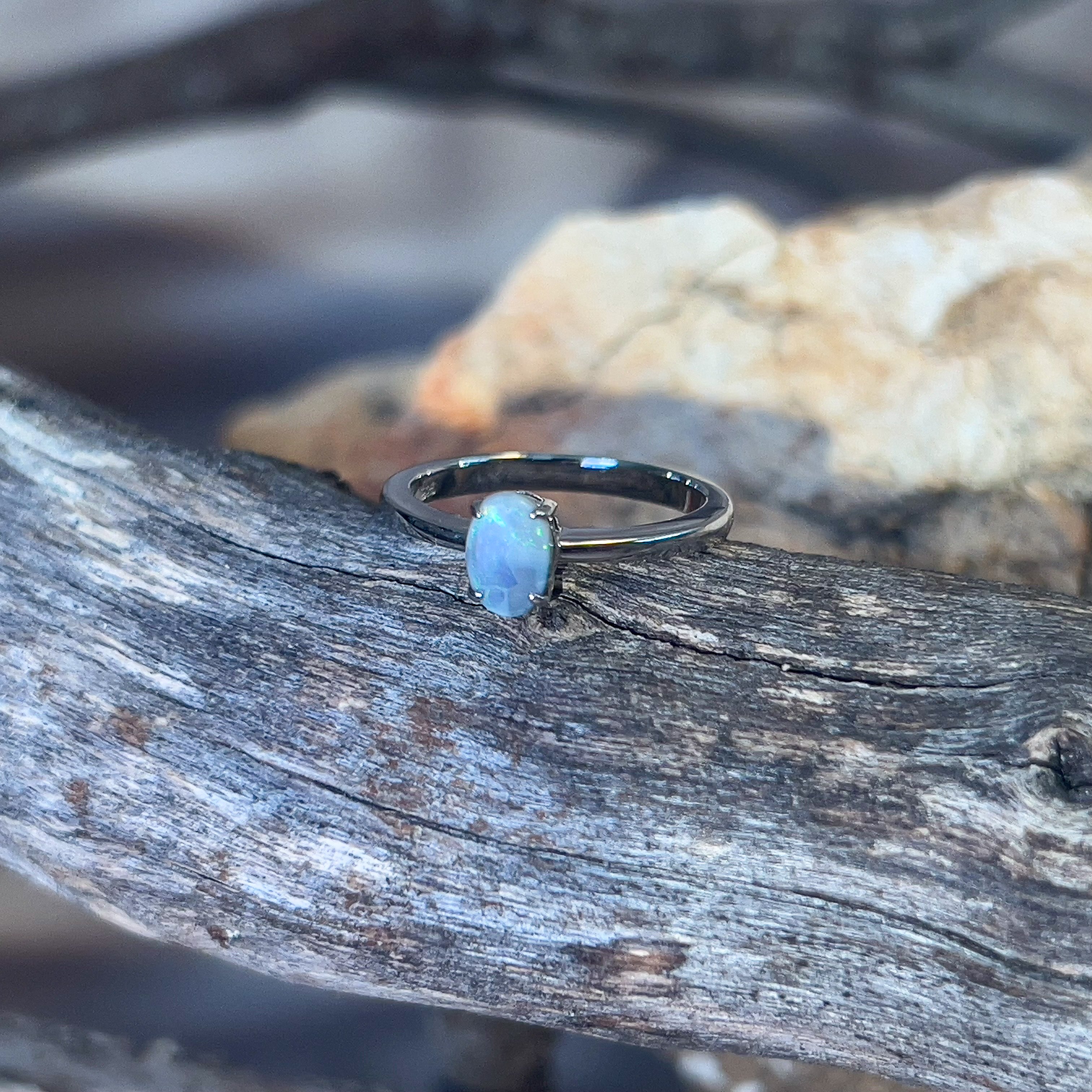 Sterling Silver Oval Black Opal 0.68ct solitaire ring - Masterpiece Jewellery Opal & Gems Sydney Australia | Online Shop