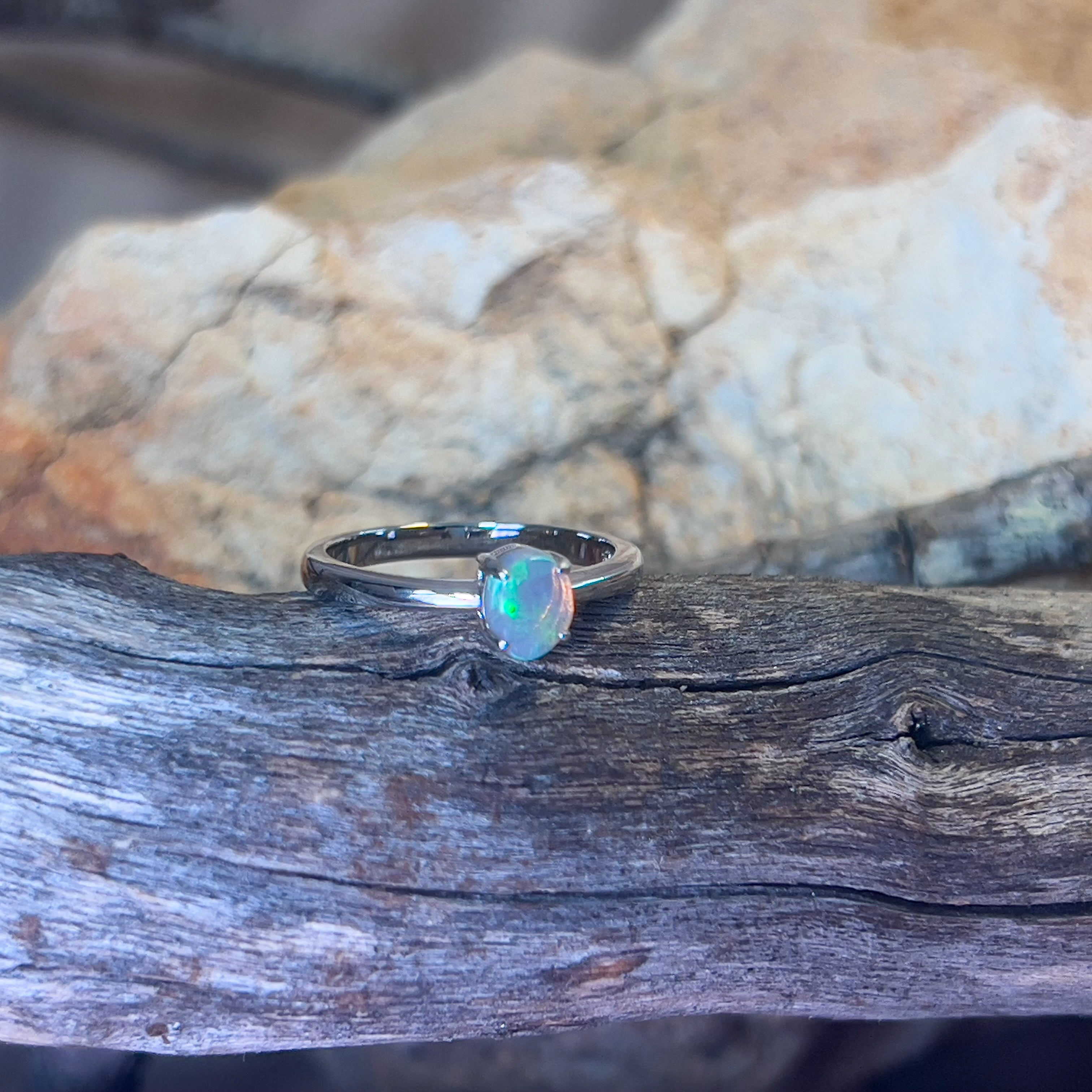 Sterling Silver Black Opal crystal 0.6ct green solitaire ring - Masterpiece Jewellery Opal & Gems Sydney Australia | Online Shop