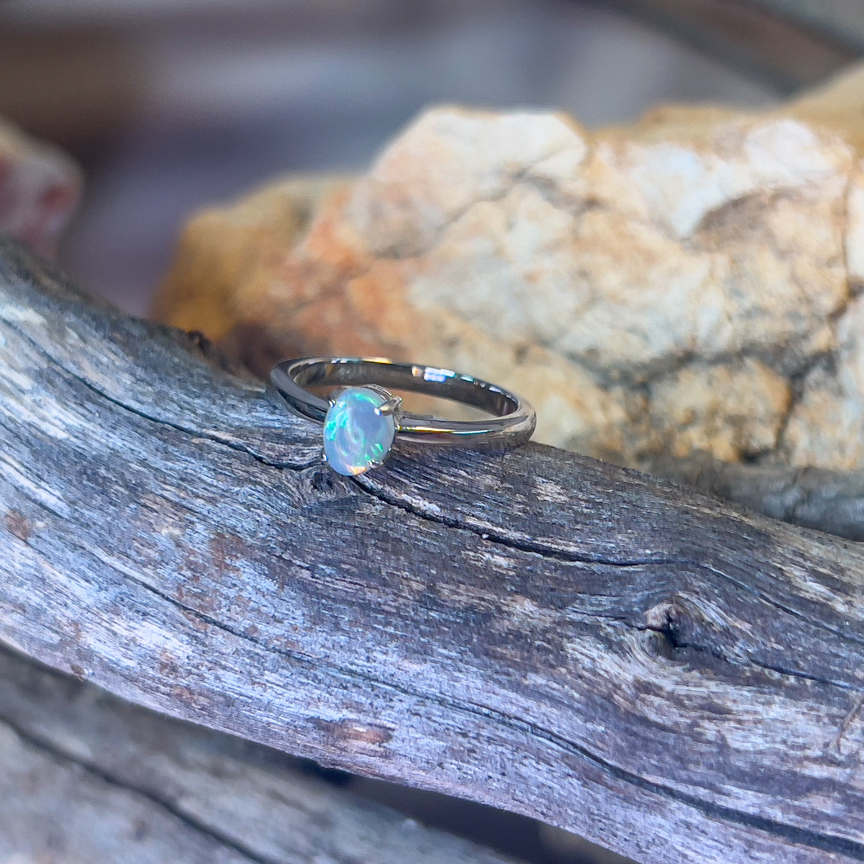 Sterling Silver Black Opal crystal 0.6ct green solitaire ring - Masterpiece Jewellery Opal & Gems Sydney Australia | Online Shop