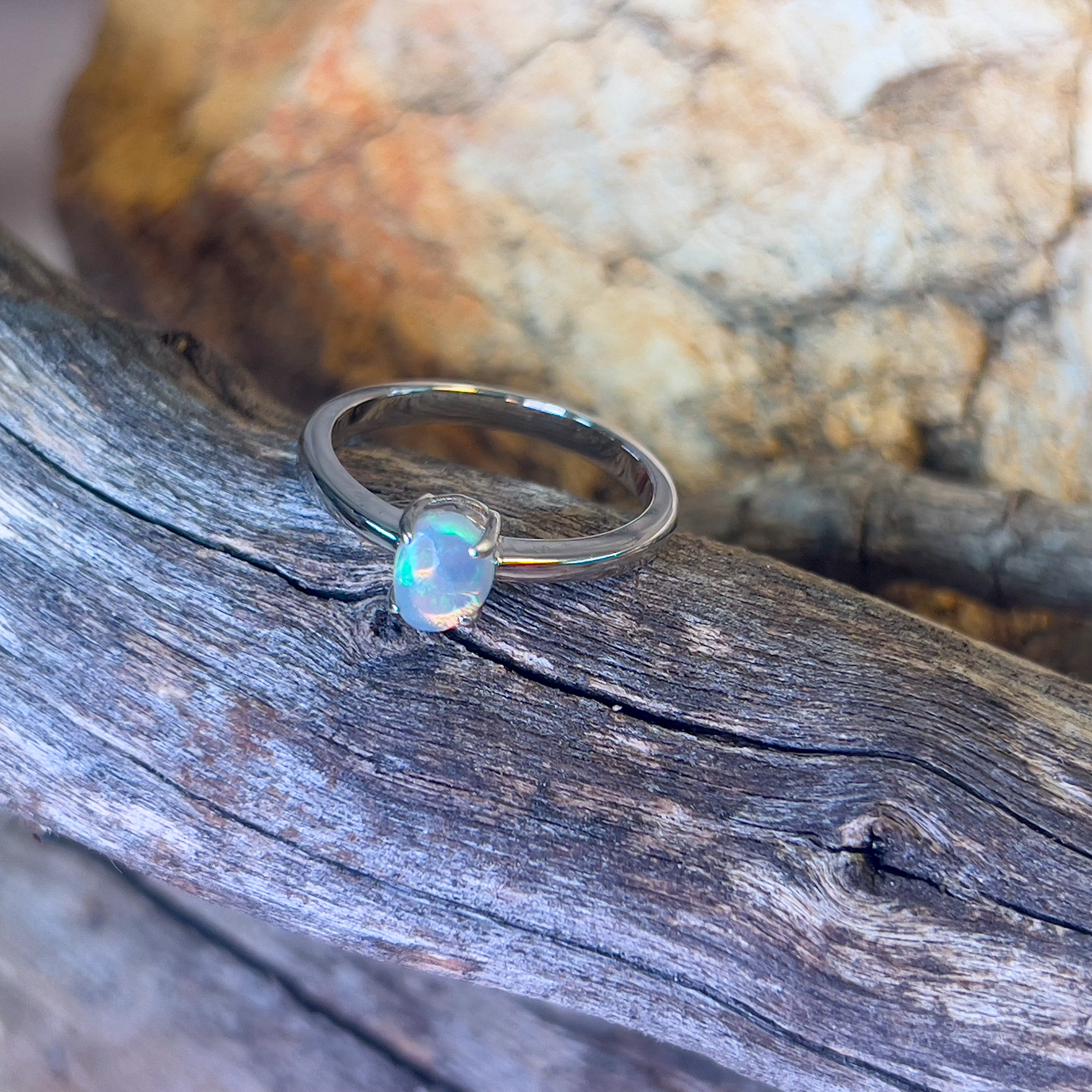 Sterling Silver Black Opal crystal 0.6ct green solitaire ring - Masterpiece Jewellery Opal & Gems Sydney Australia | Online Shop