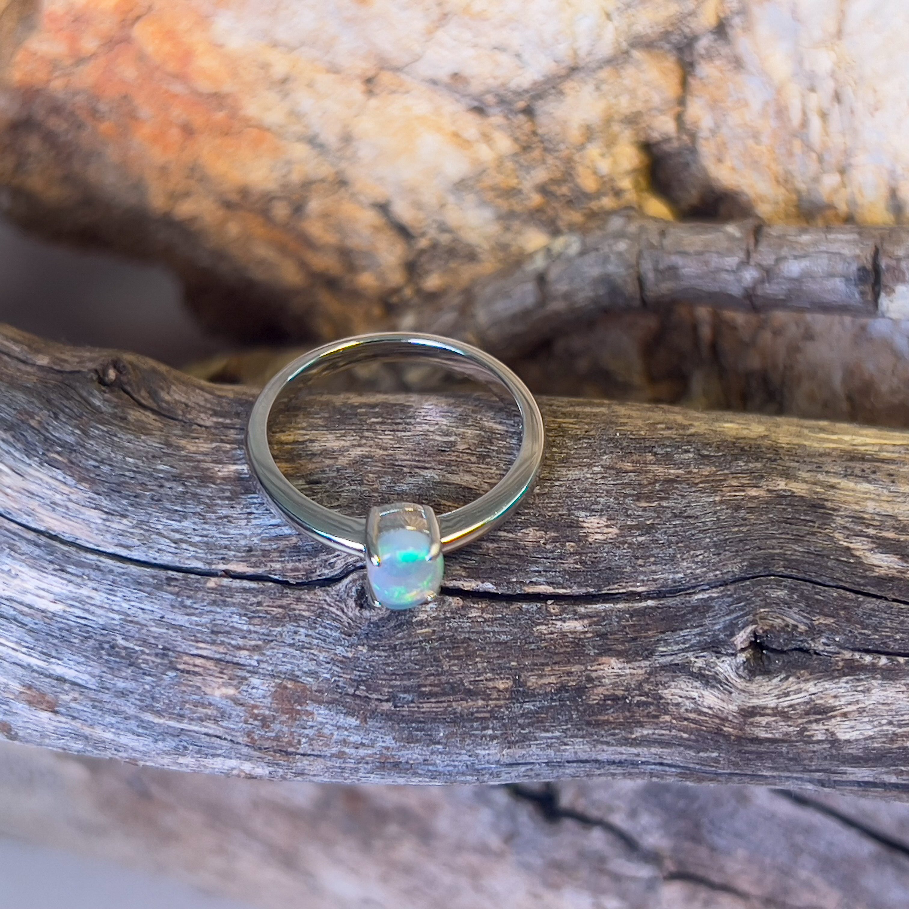 Sterling Silver Black Opal crystal 0.6ct green solitaire ring - Masterpiece Jewellery Opal & Gems Sydney Australia | Online Shop