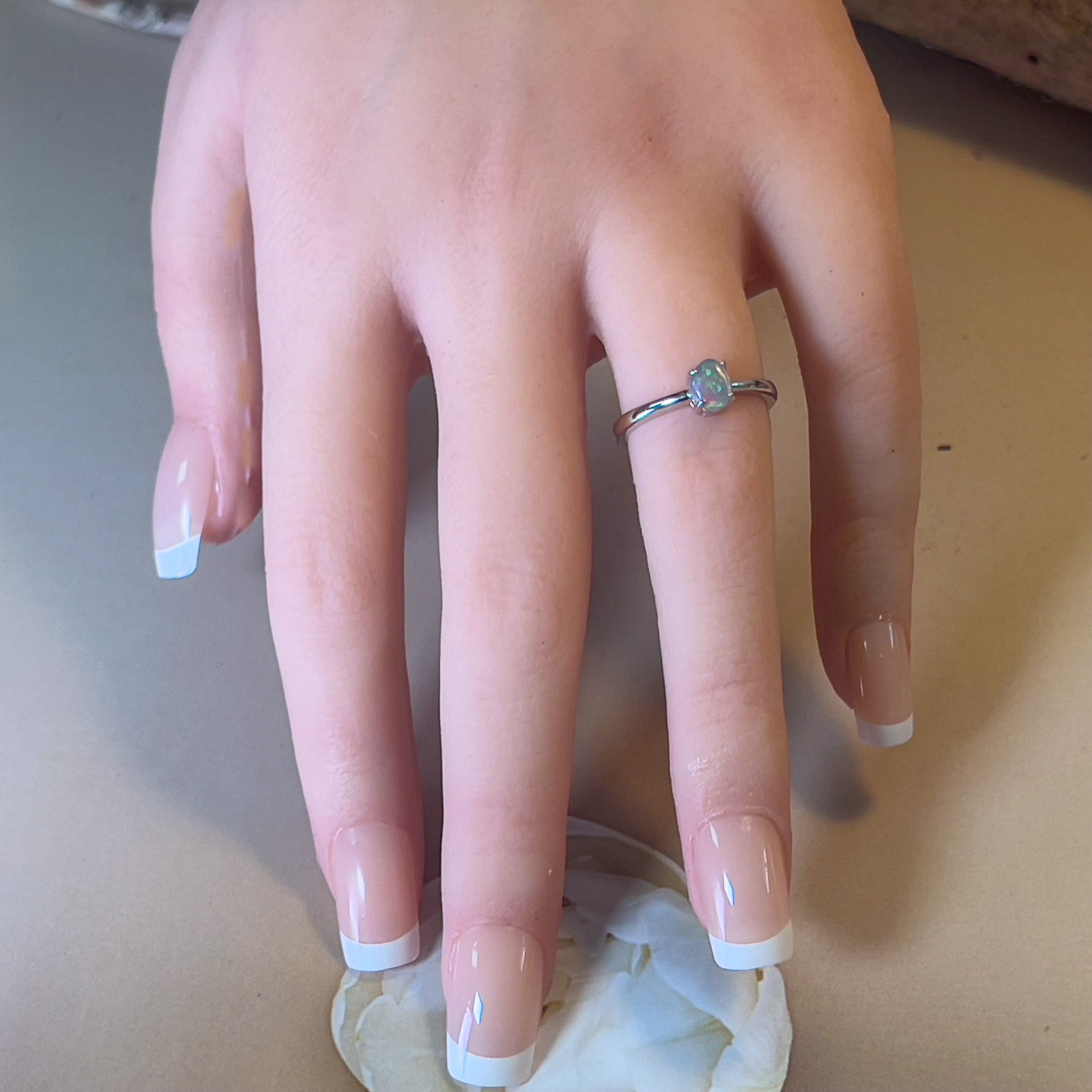 Sterling Silver Black Opal crystal 0.6ct green solitaire ring - Masterpiece Jewellery Opal & Gems Sydney Australia | Online Shop