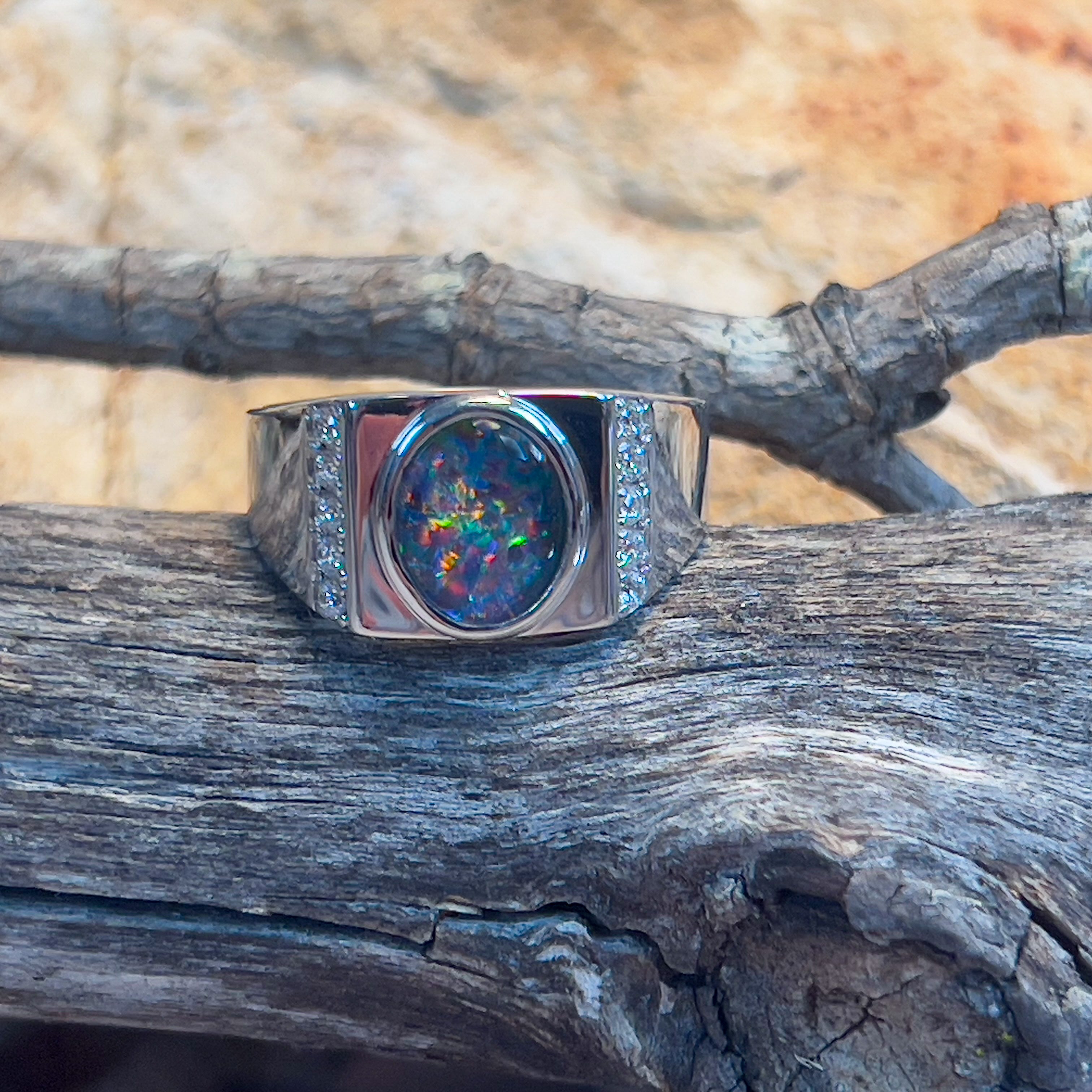 Sterling Silver 10x8mm Opal triplet bezel with cubic zirconia side set ring - Masterpiece Jewellery Opal & Gems Sydney Australia | Online Shop