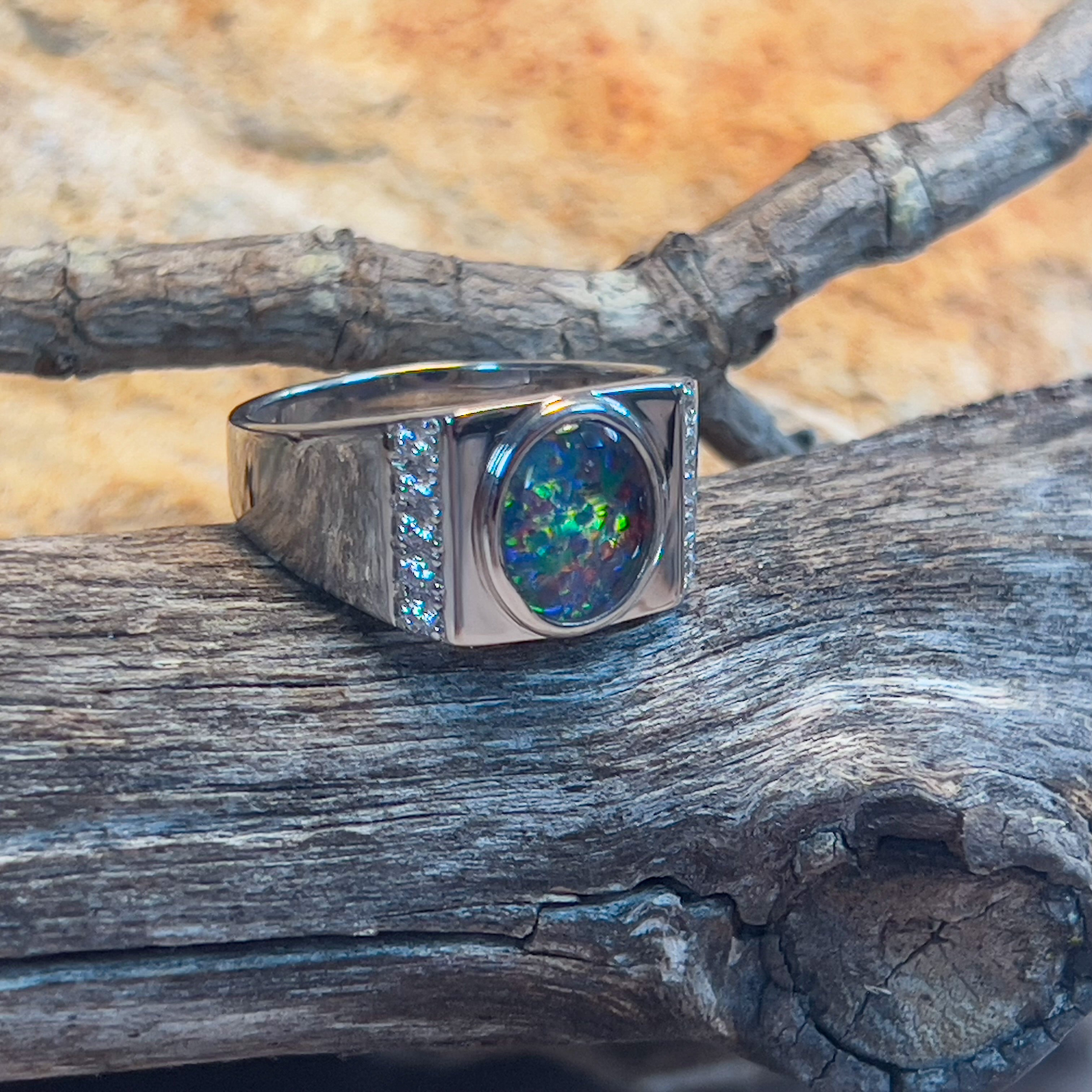 Sterling Silver 10x8mm Opal triplet bezel with cubic zirconia side set ring - Masterpiece Jewellery Opal & Gems Sydney Australia | Online Shop