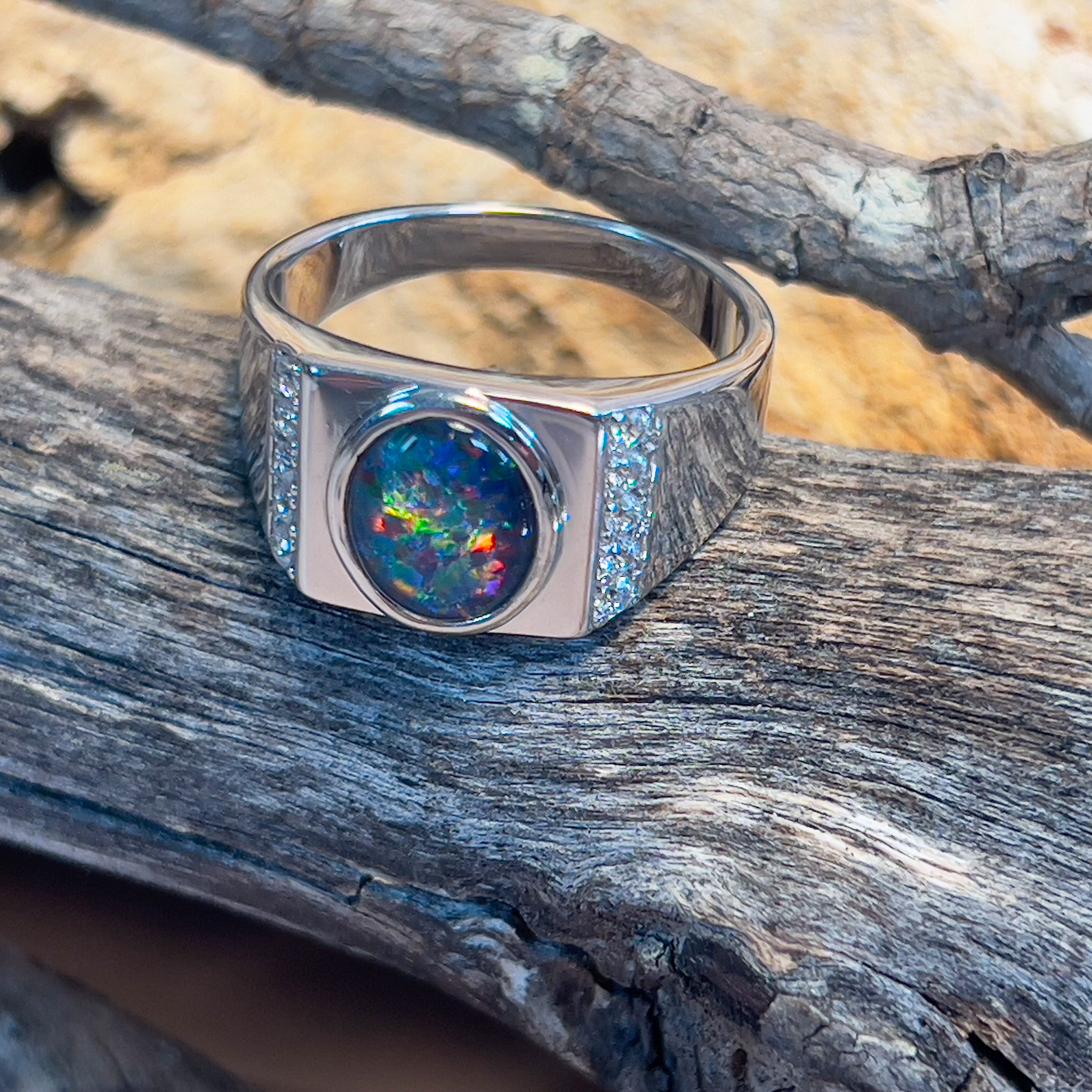 Sterling Silver 10x8mm Opal triplet bezel with cubic zirconia side set ring - Masterpiece Jewellery Opal & Gems Sydney Australia | Online Shop